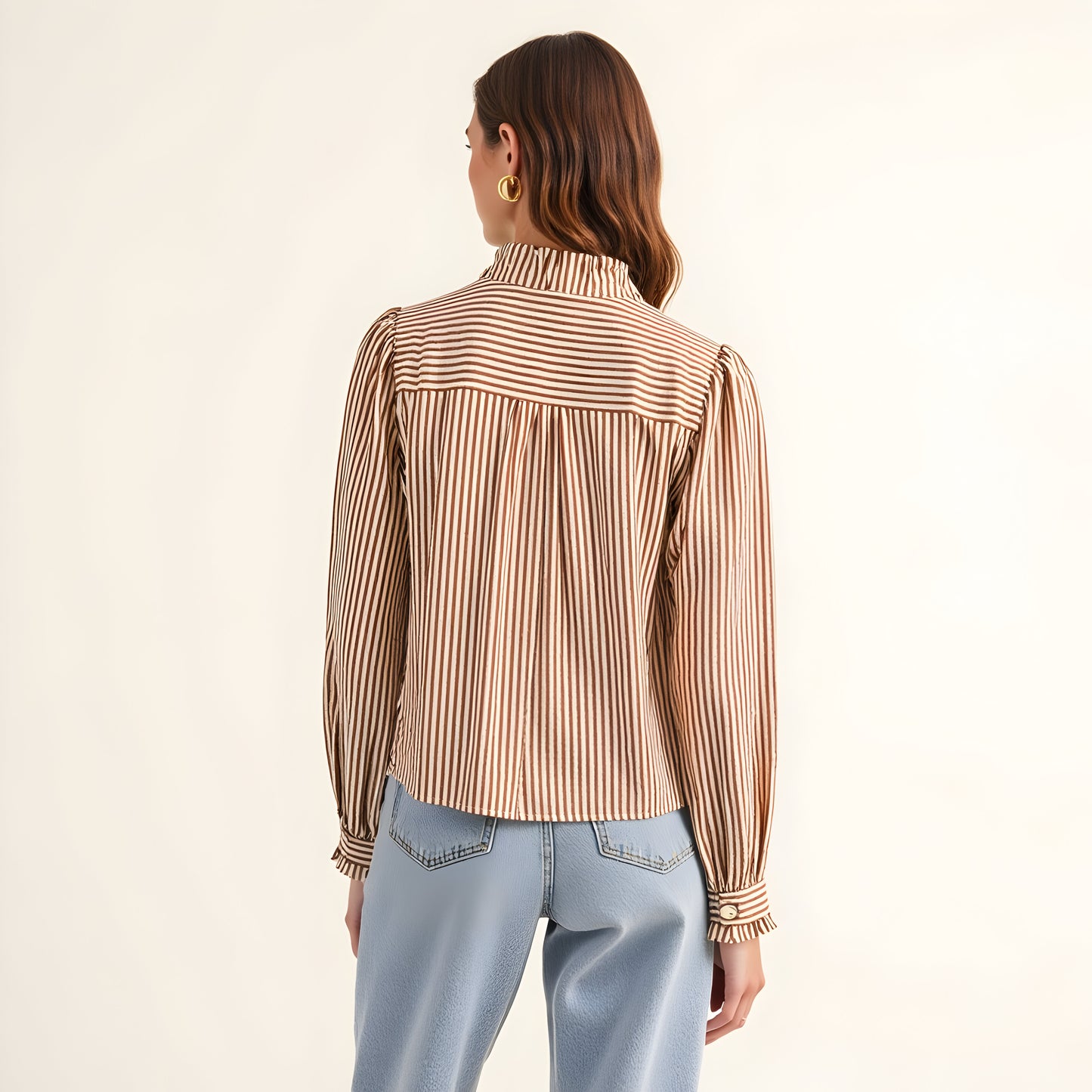 Striped Puff Sleeve Blouse with Ruffled Trim and Covered Placket