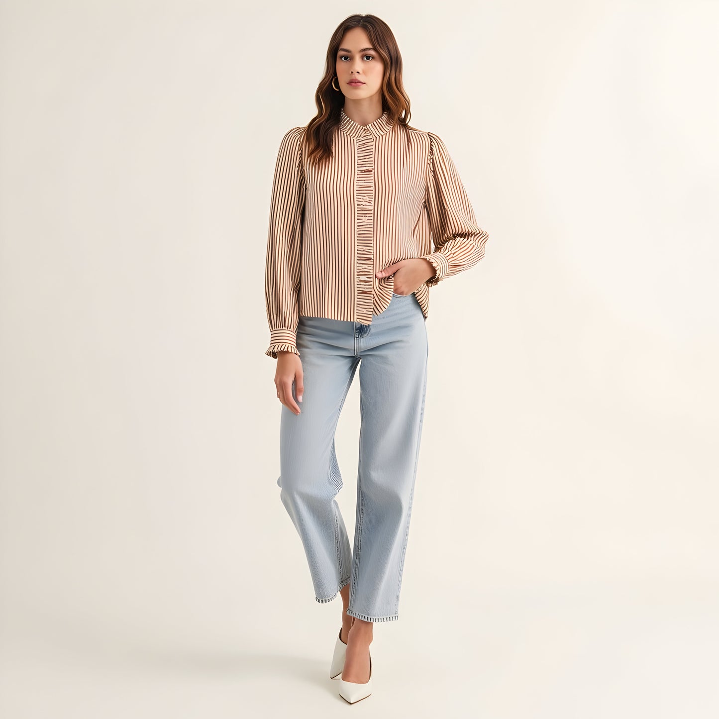 Striped Puff Sleeve Blouse with Ruffled Trim and Covered Placket