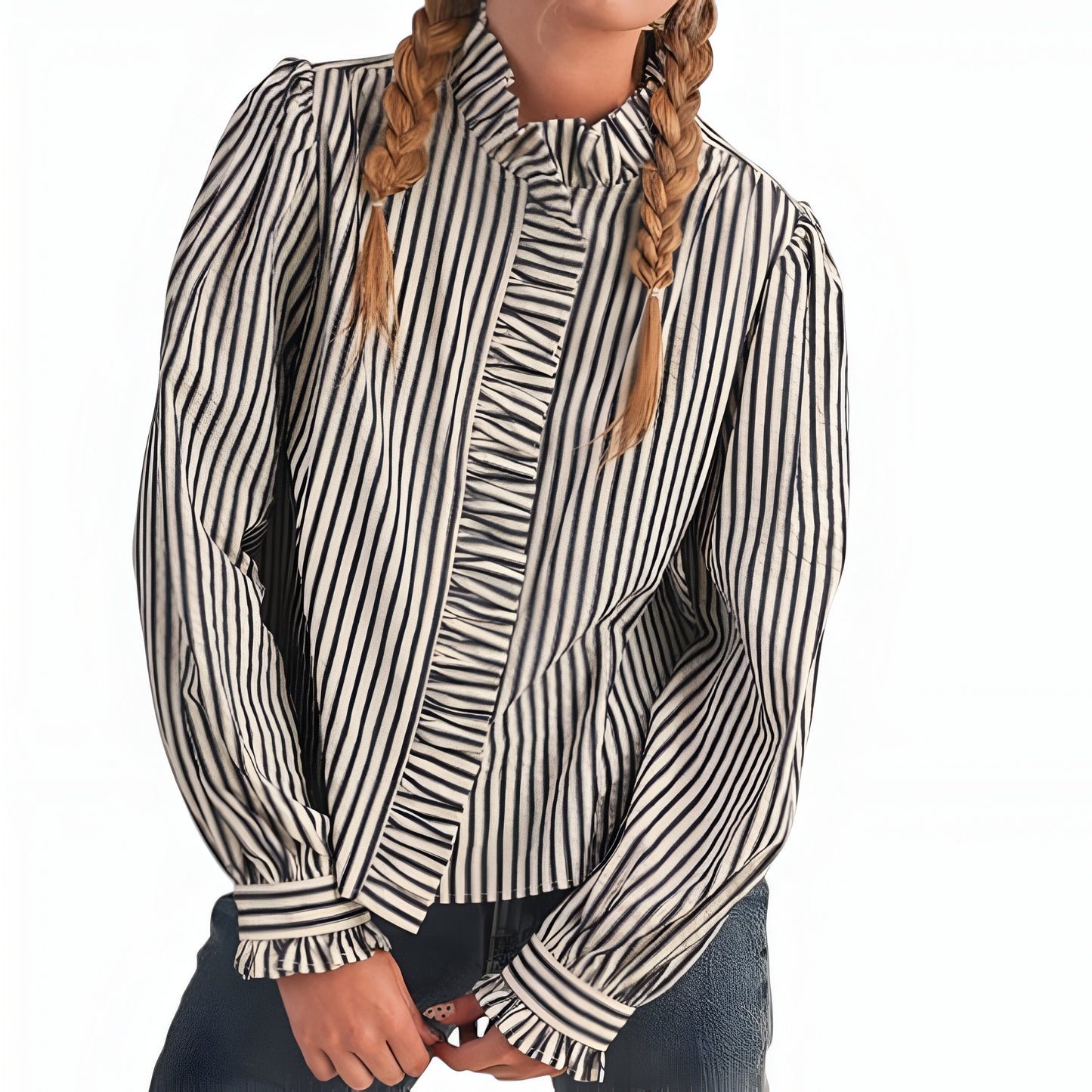 Striped Puff Sleeve Blouse with Ruffled Trim and Covered Placket