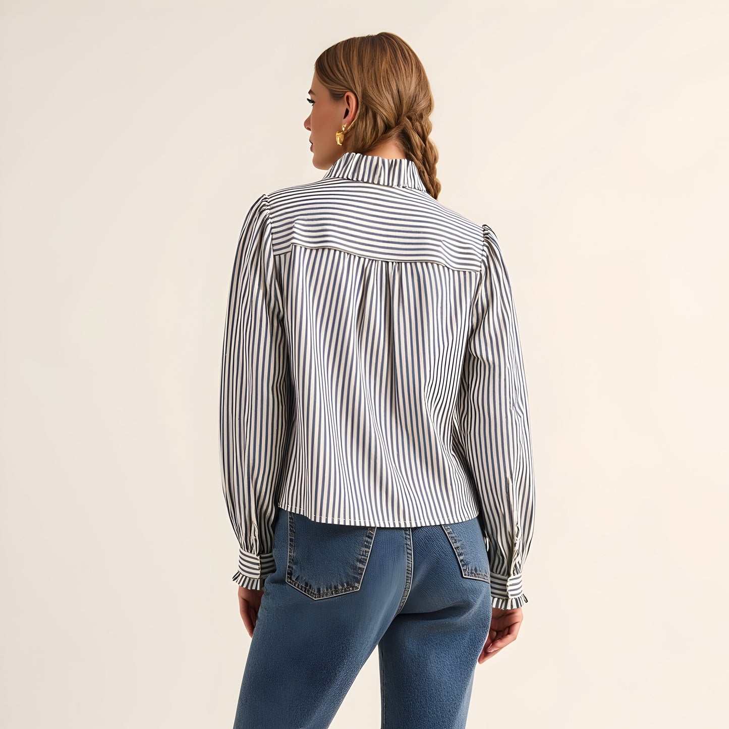 Striped Puff Sleeve Blouse with Ruffled Trim and Covered Placket