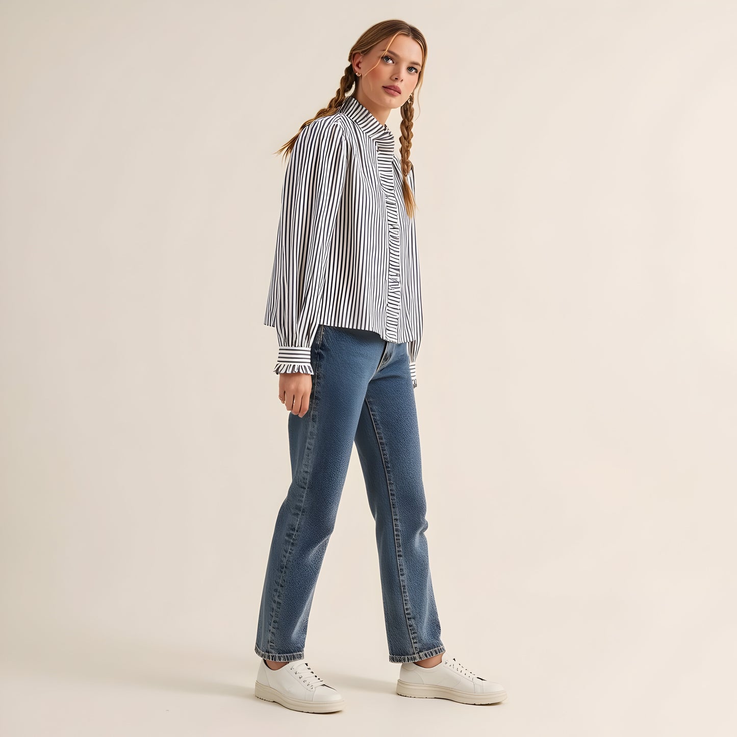 Striped Puff Sleeve Blouse with Ruffled Trim and Covered Placket