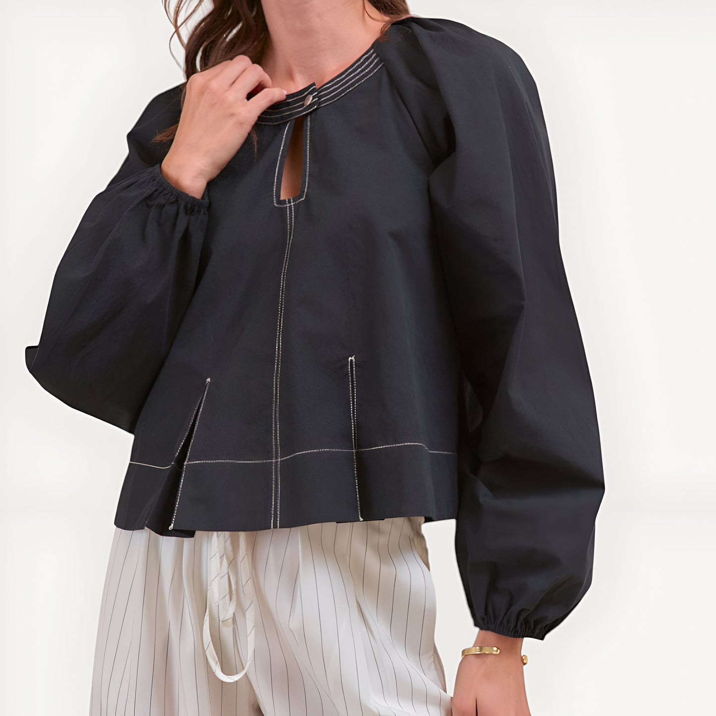 Balloon Sleeve Top with Keyhole Neckline and Contrast Stitching