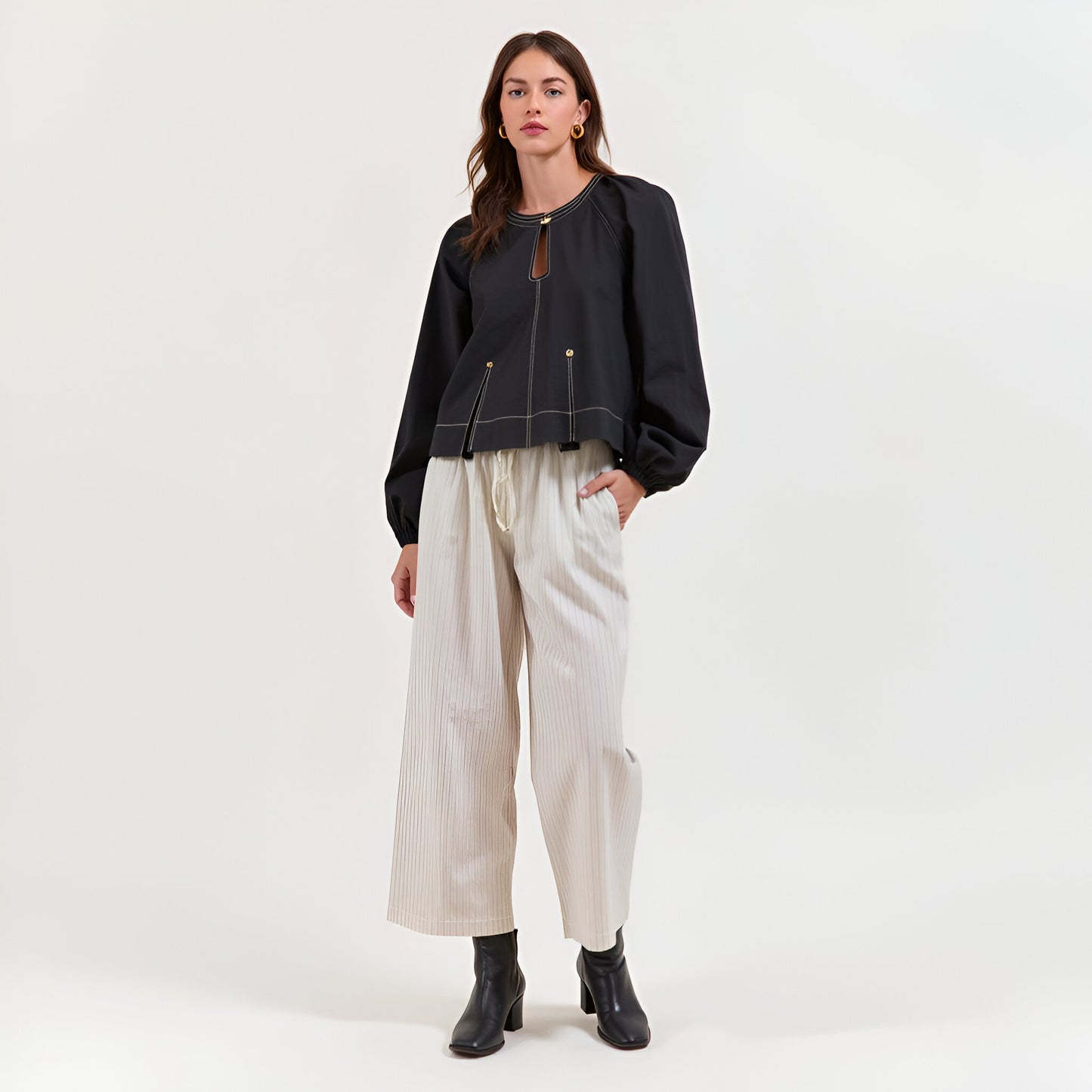 Balloon Sleeve Top with Keyhole Neckline and Contrast Stitching