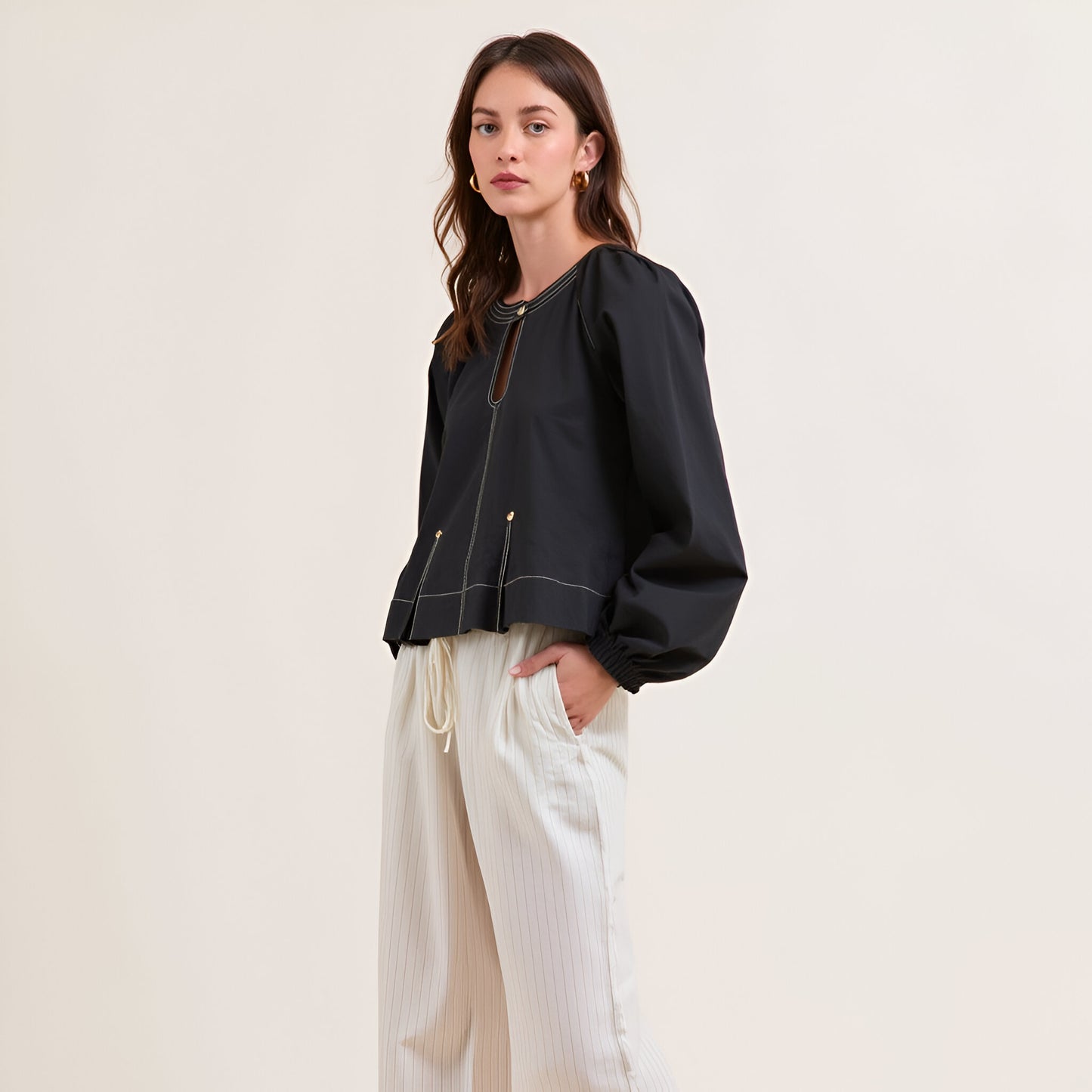 Balloon Sleeve Top with Keyhole Neckline and Contrast Stitching