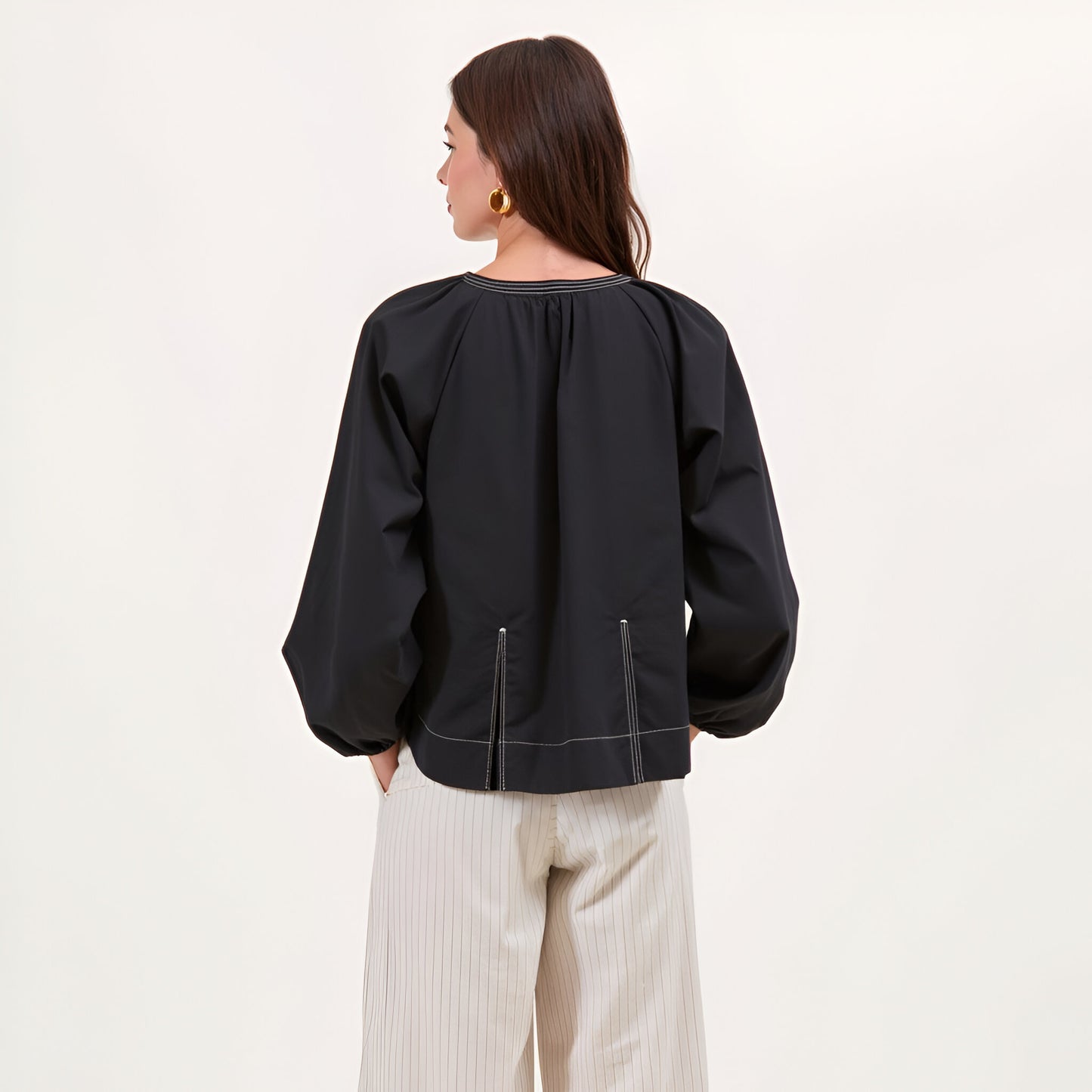 Balloon Sleeve Top with Keyhole Neckline and Contrast Stitching