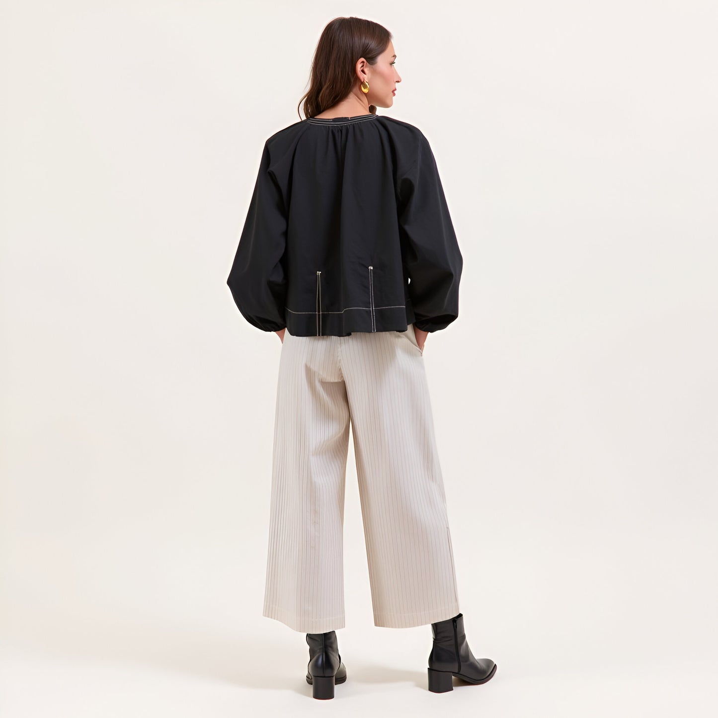 Balloon Sleeve Top with Keyhole Neckline and Contrast Stitching