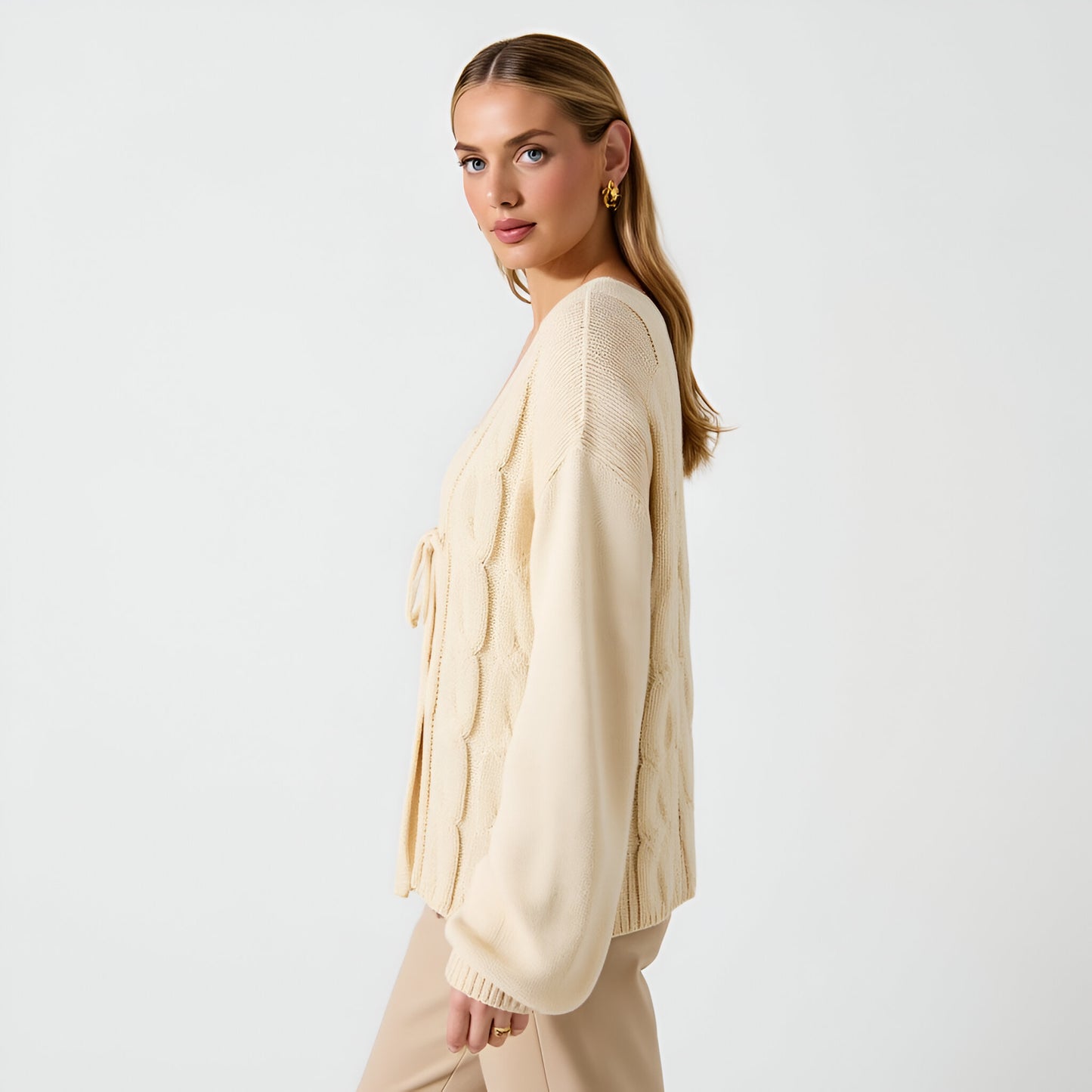 Long Sleeve Cable Knit Tie-Front Cardigan Sweater