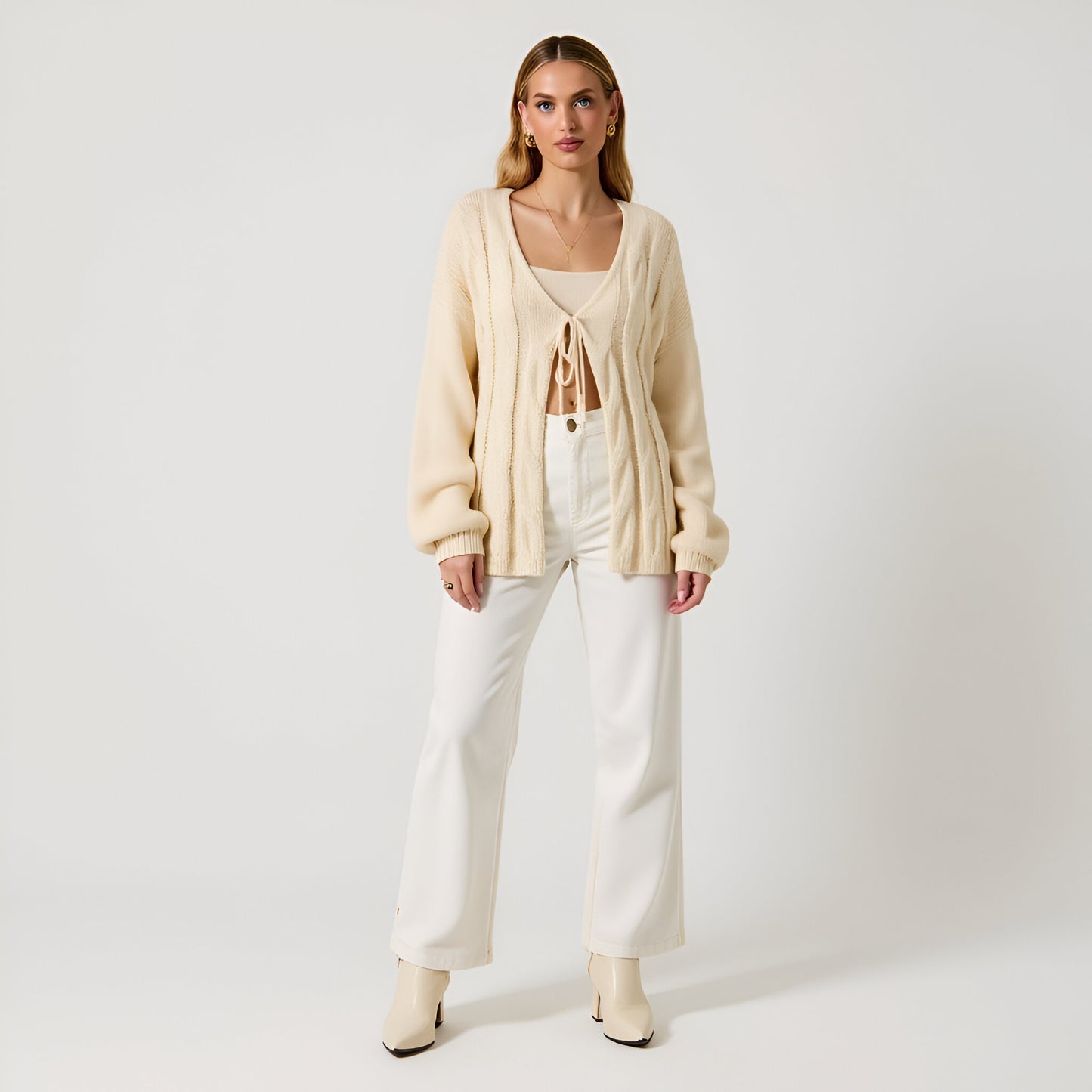 Long Sleeve Cable Knit Tie-Front Cardigan Sweater