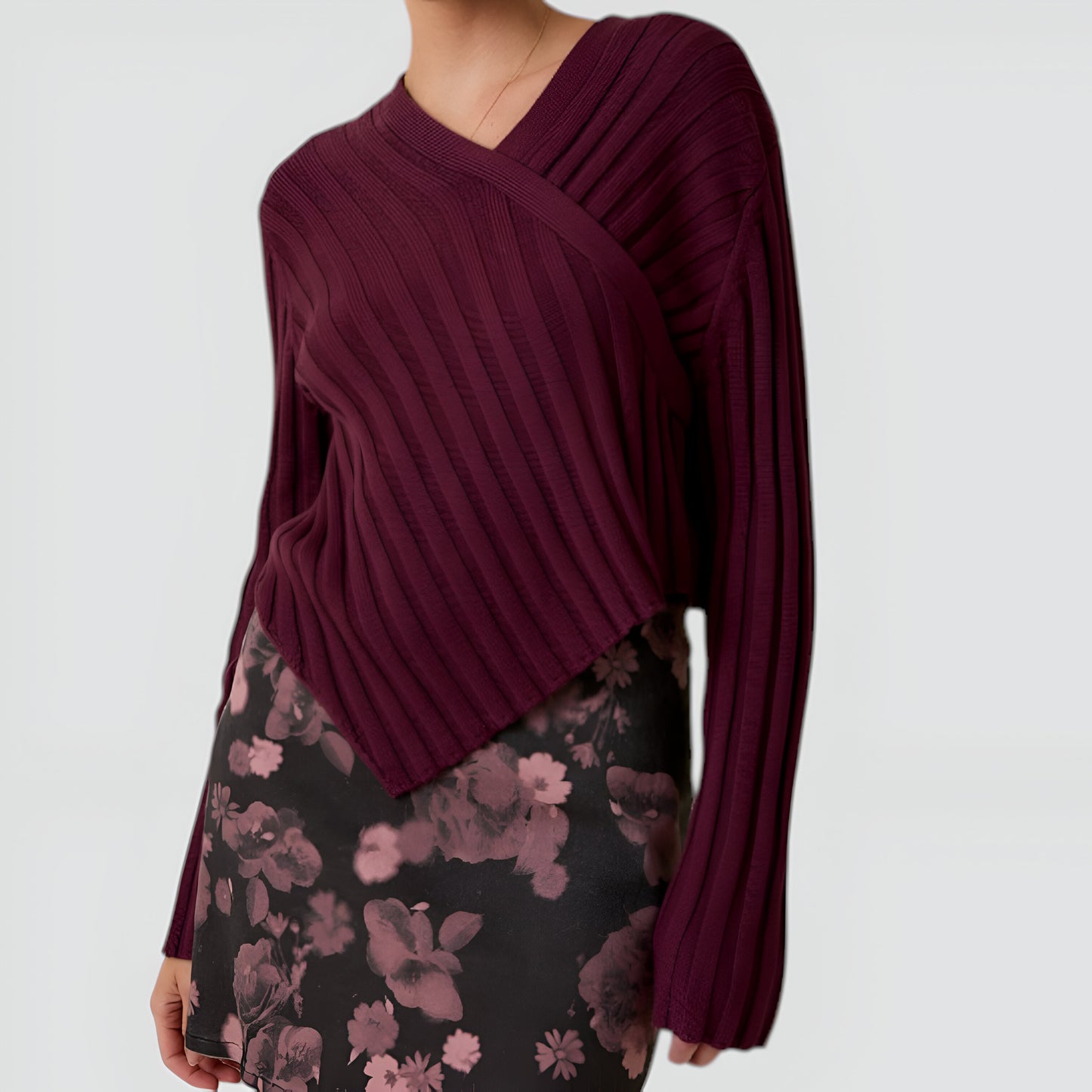 Asymmetrical Hem V-Neck Ribbed Knit Sweater