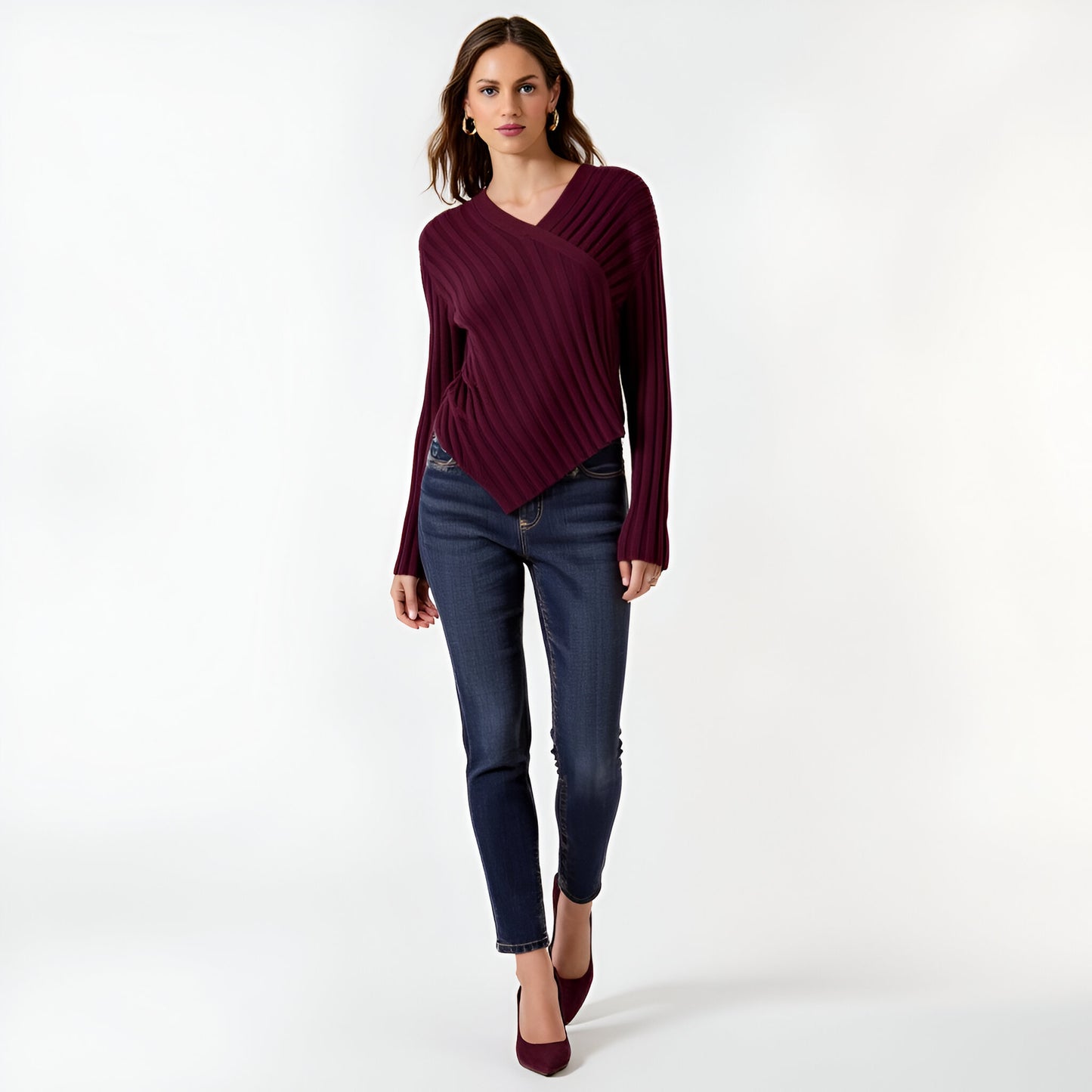 Asymmetrical Hem V-Neck Ribbed Knit Sweater