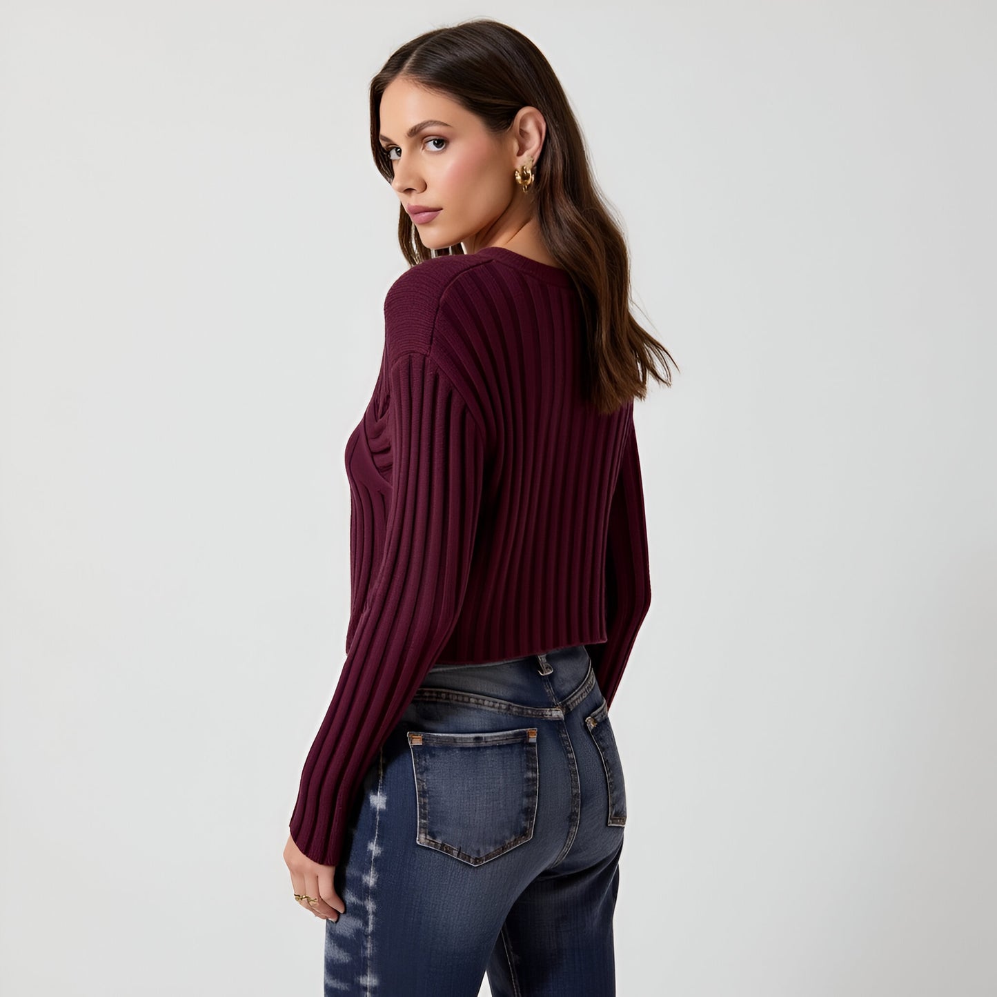 Asymmetrical Hem V-Neck Ribbed Knit Sweater