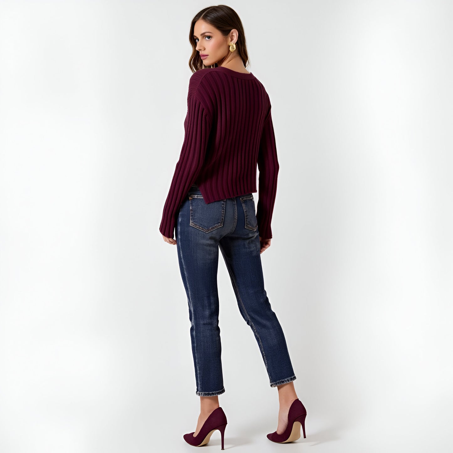 Asymmetrical Hem V-Neck Ribbed Knit Sweater