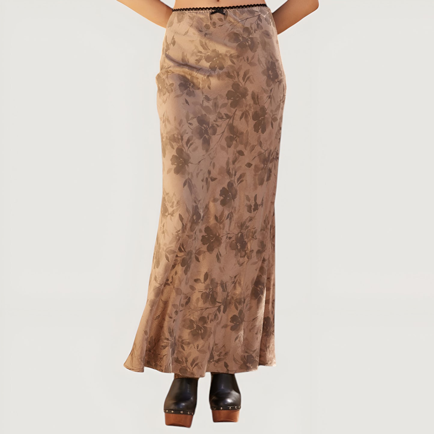 Floral Print Satin Maxi Skirt with Bias Cut and Bow Accent
