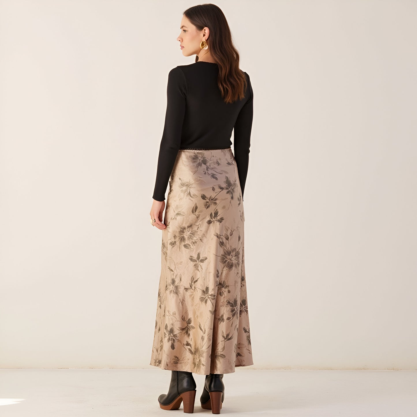 Floral Print Satin Maxi Skirt with Bias Cut and Bow Accent