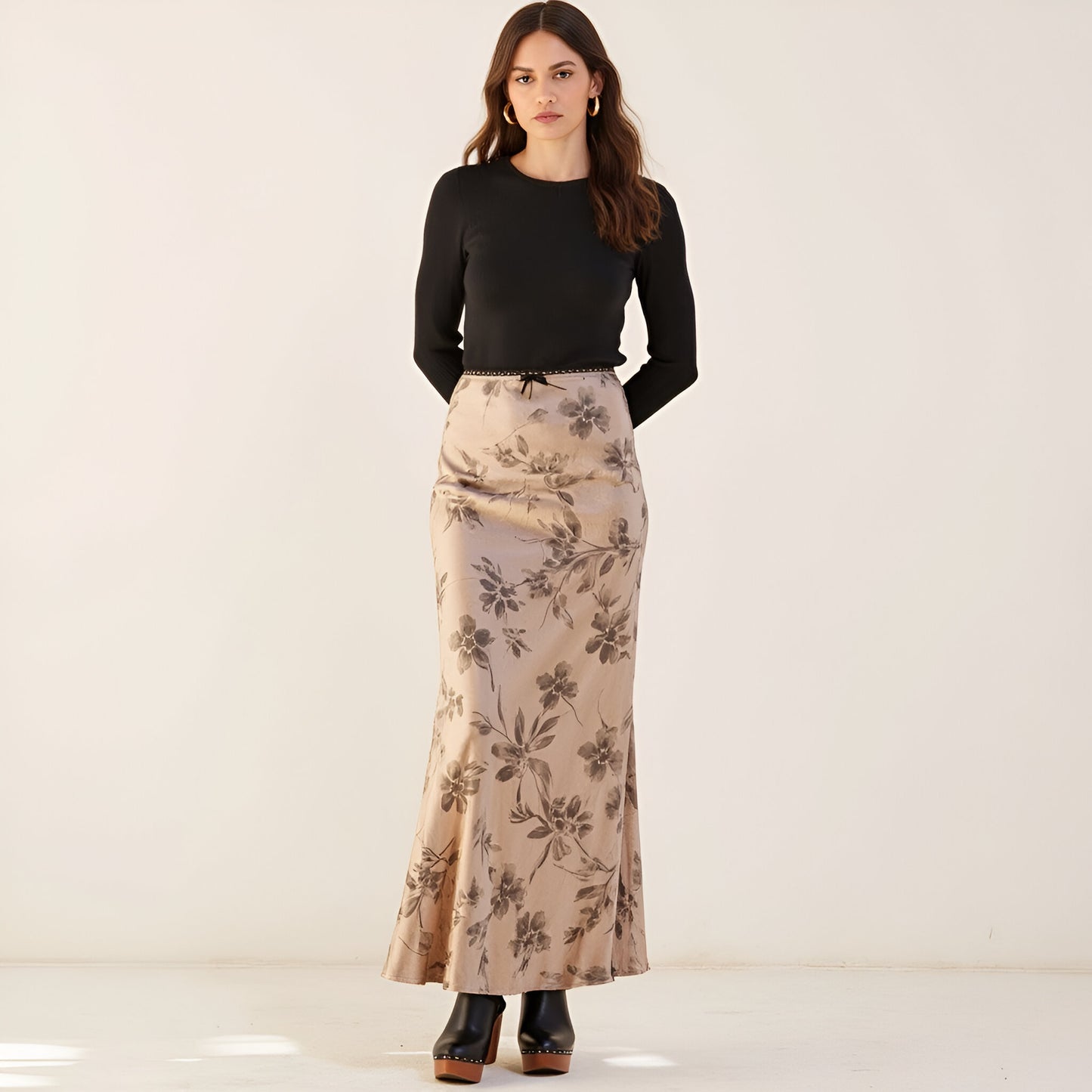 Floral Print Satin Maxi Skirt with Bias Cut and Bow Accent