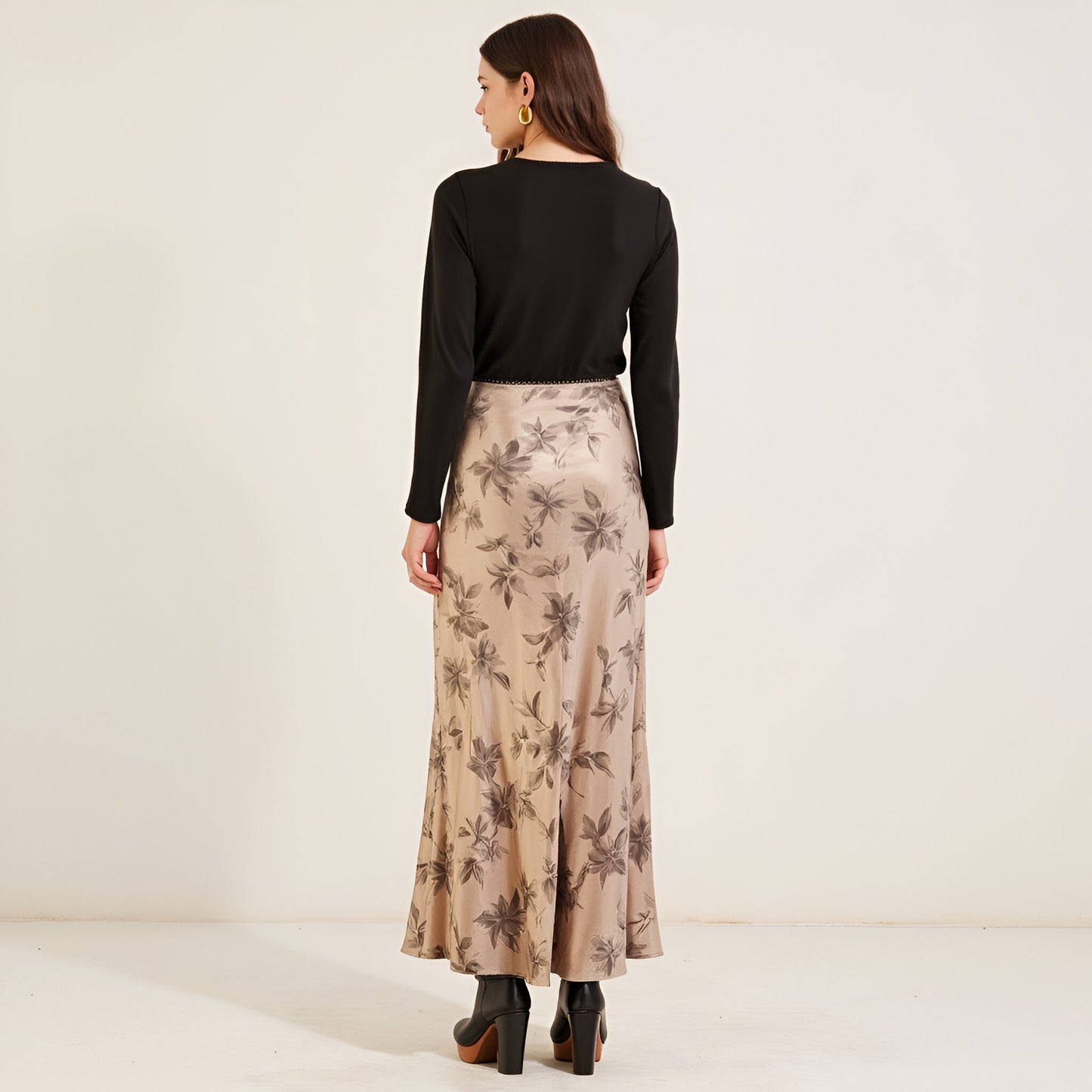 Floral Print Satin Maxi Skirt with Bias Cut and Bow Accent