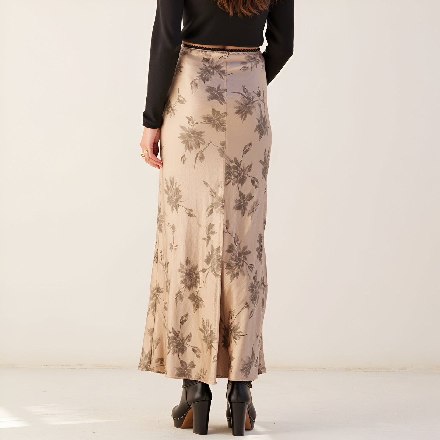 Floral Print Satin Maxi Skirt with Bias Cut and Bow Accent