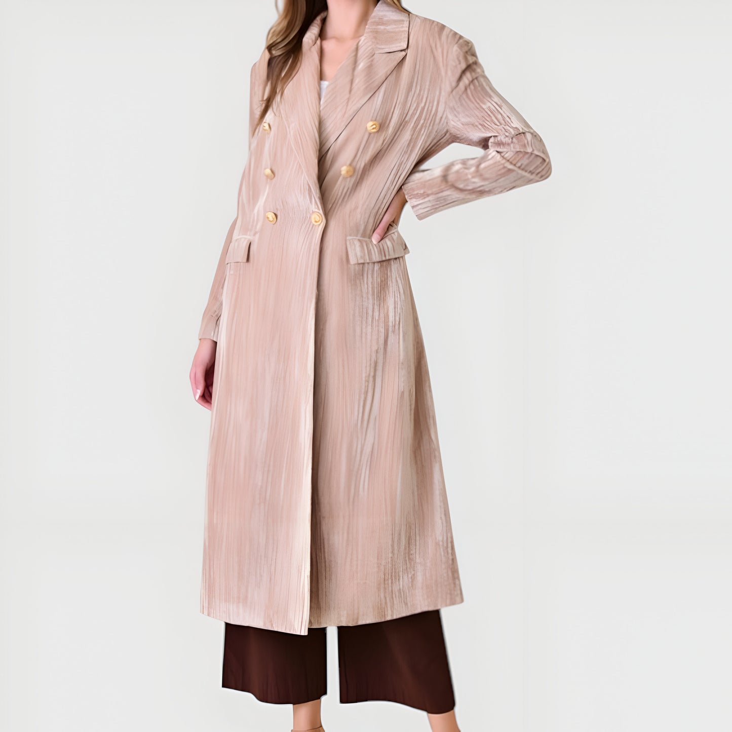 Velvet Double-Breasted Coat with Structured Lapels and Gold Buttons