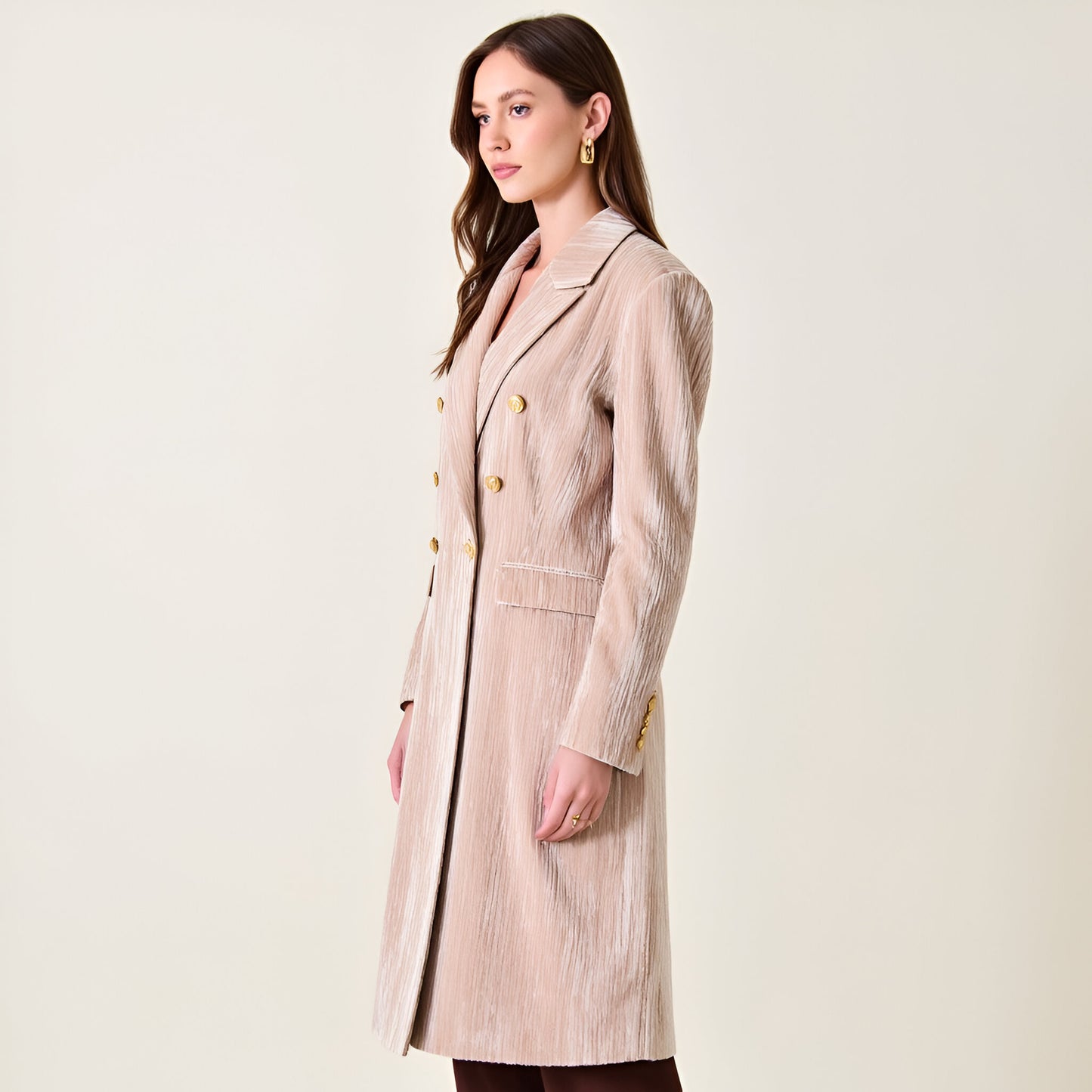 Velvet Double-Breasted Coat with Structured Lapels and Gold Buttons