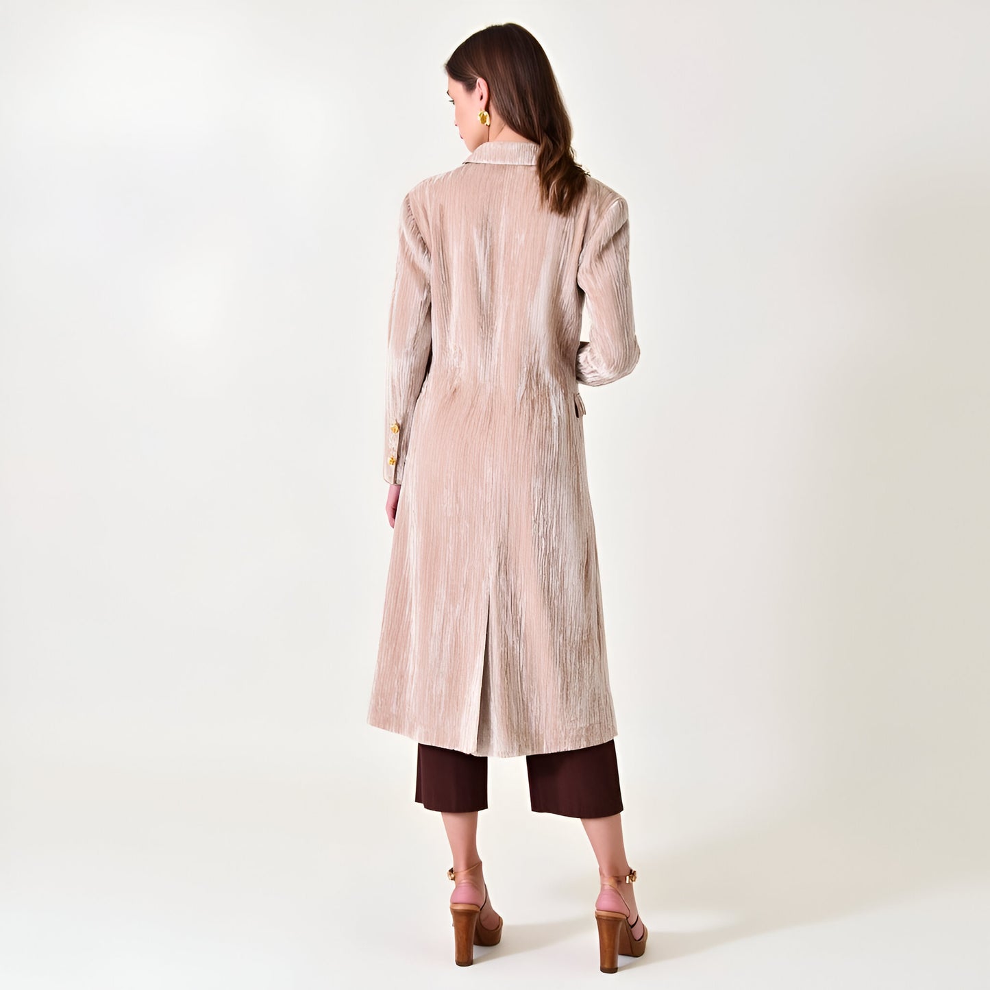 Velvet Double-Breasted Coat with Structured Lapels and Gold Buttons