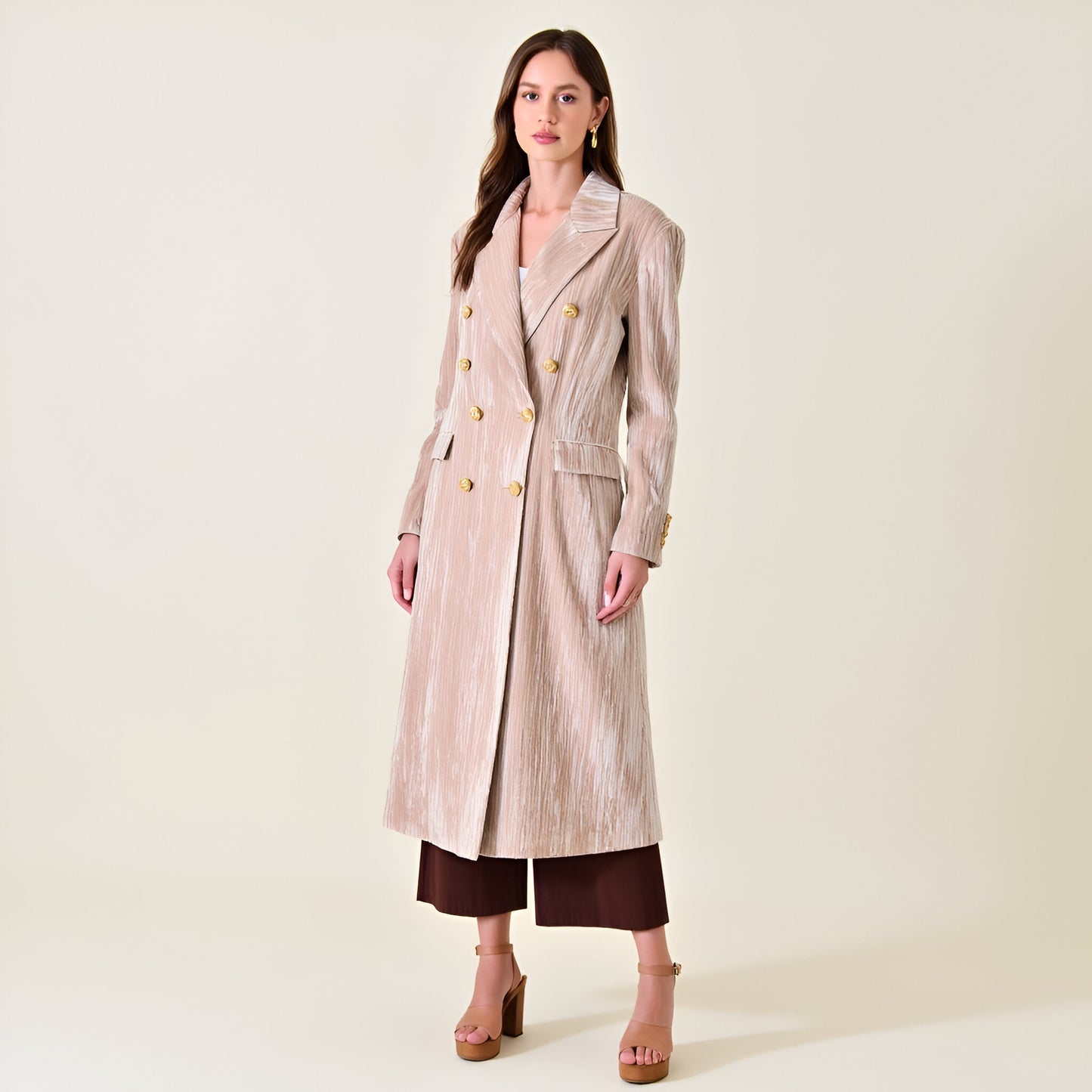 Velvet Double-Breasted Coat with Structured Lapels and Gold Buttons