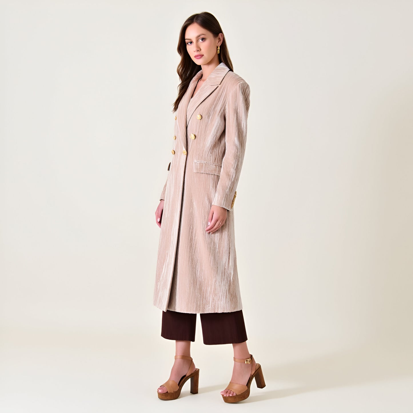 Velvet Double-Breasted Coat with Structured Lapels and Gold Buttons
