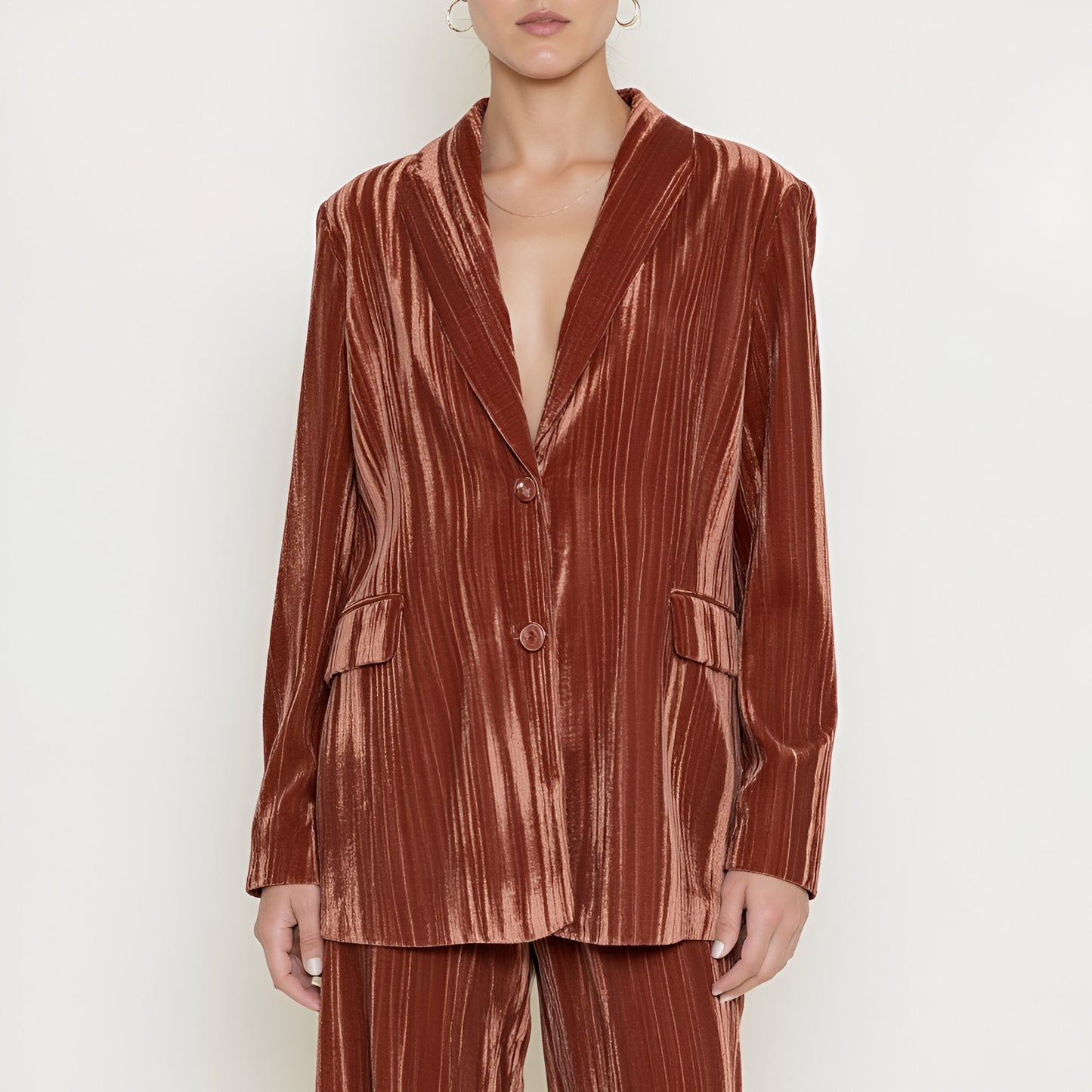Velvet Single-Breasted Blazer with Shawl Collar and Flap Pockets