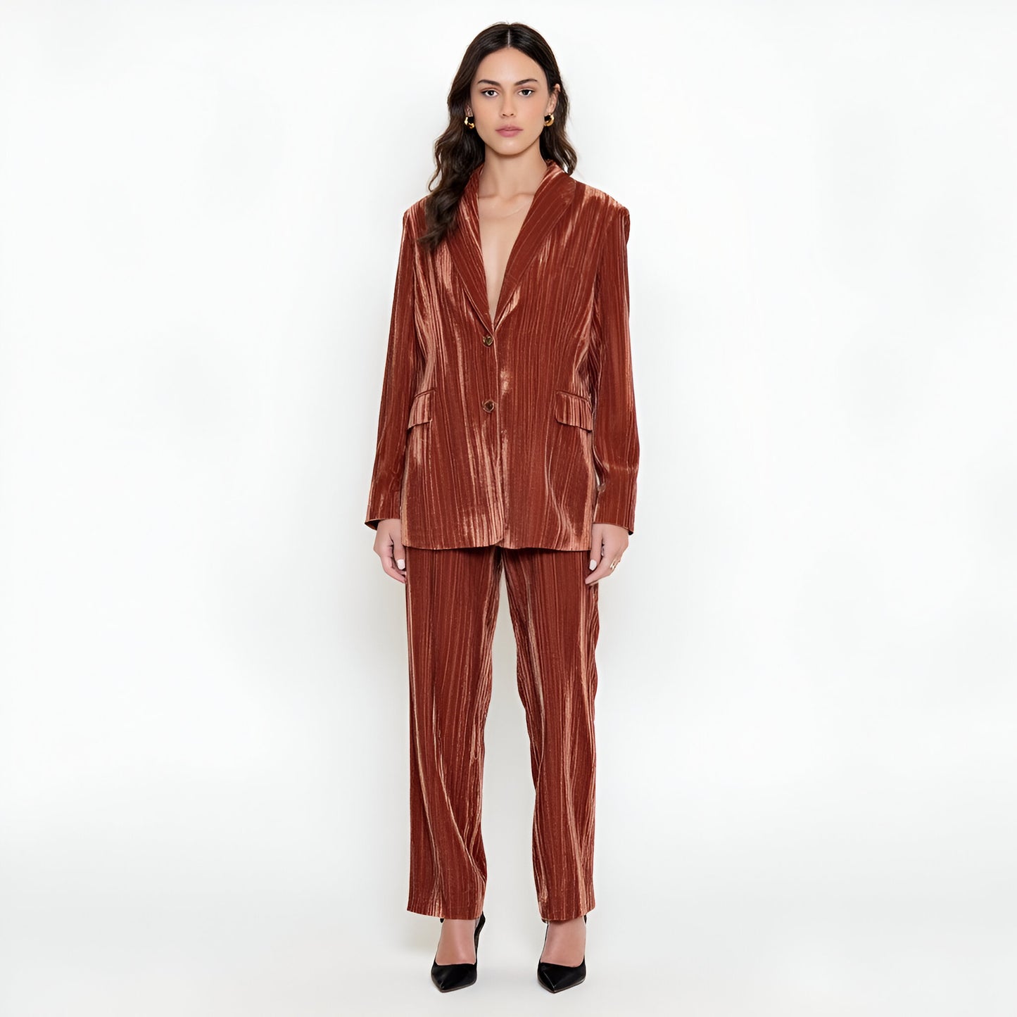 Velvet Single-Breasted Blazer with Shawl Collar and Flap Pockets