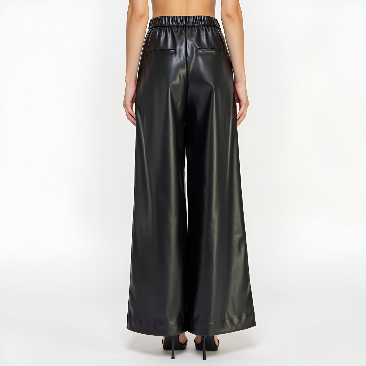 Wide-Leg Faux Leather Pants with High Waist and Sleek Seam Detailing