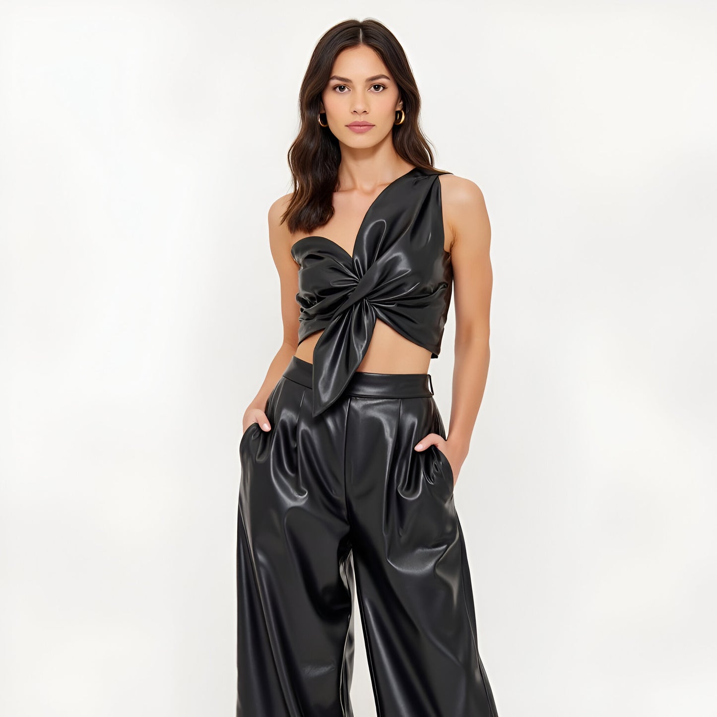 Wide-Leg Faux Leather Pants with High Waist and Sleek Seam Detailing