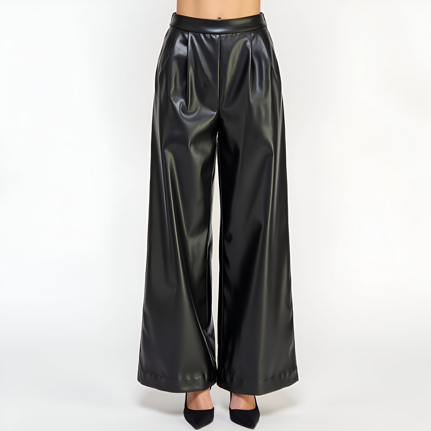 Wide-Leg Faux Leather Pants with High Waist and Sleek Seam Detailing