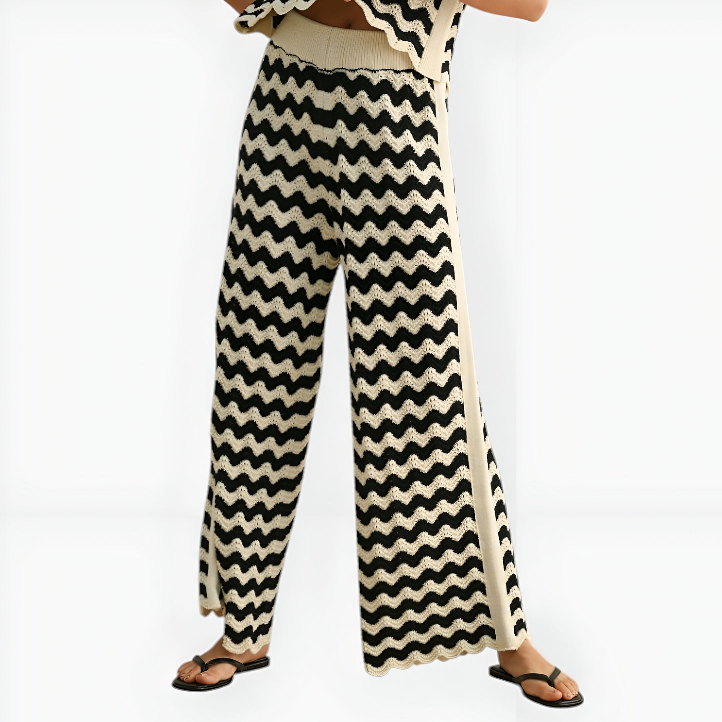 Chevron Crochet Wide Leg Pants with Contrast Trim and High Waist