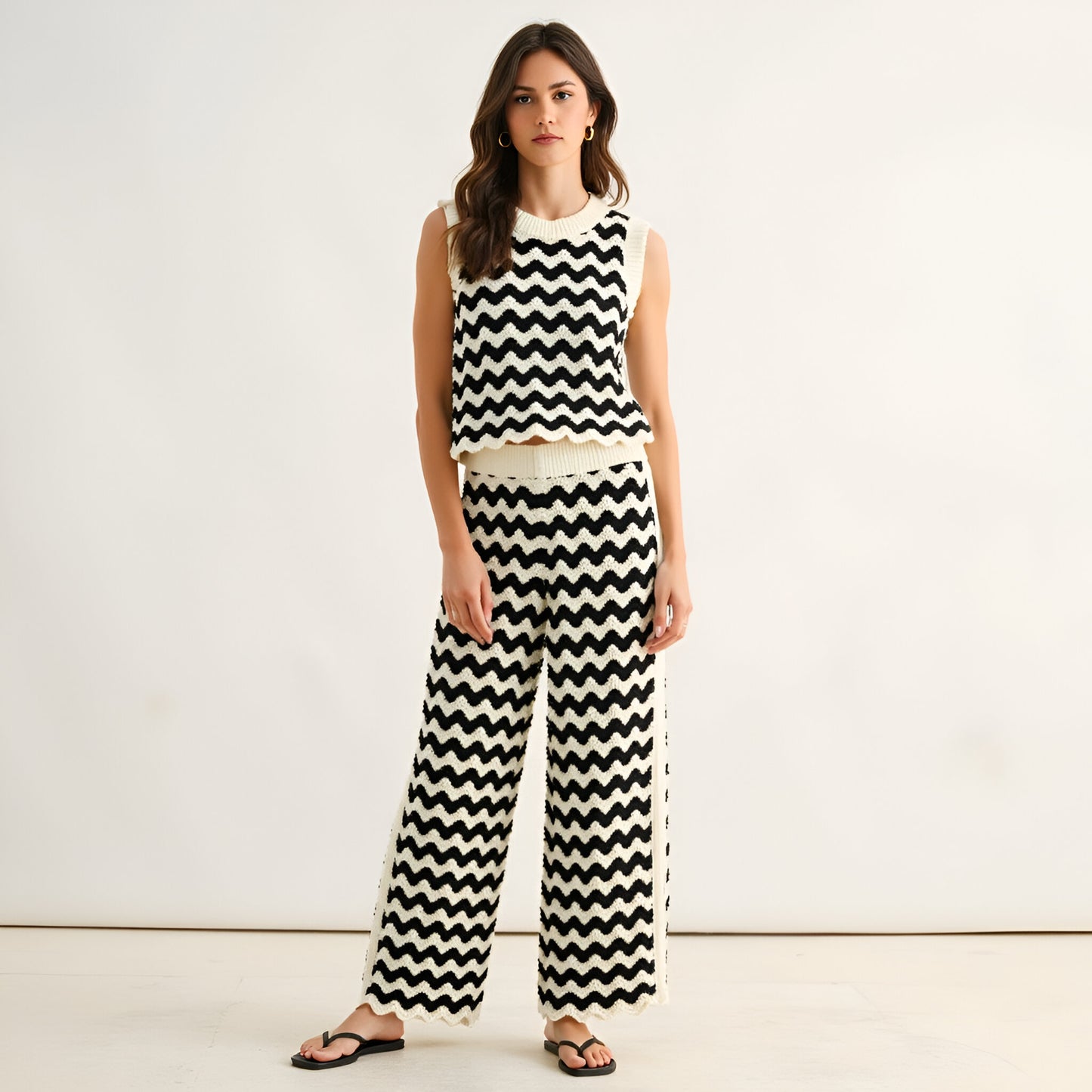 Chevron Crochet Wide Leg Pants with Contrast Trim and High Waist