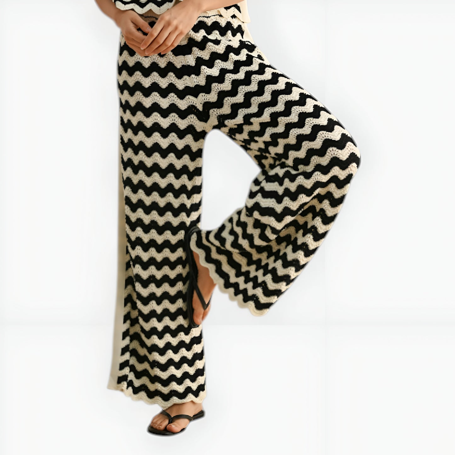 Chevron Crochet Wide Leg Pants with Contrast Trim and High Waist