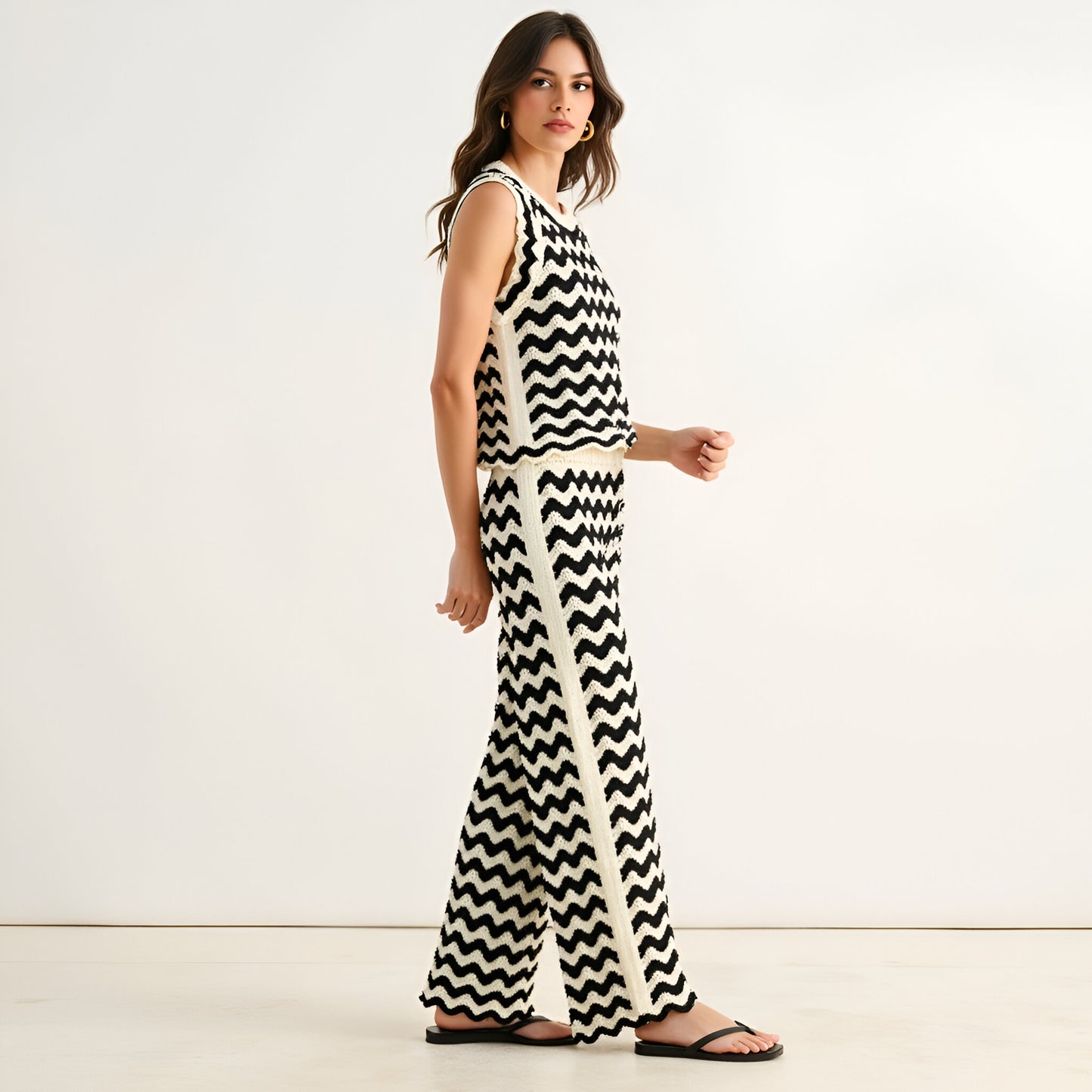 Chevron Crochet Wide Leg Pants with Contrast Trim and High Waist