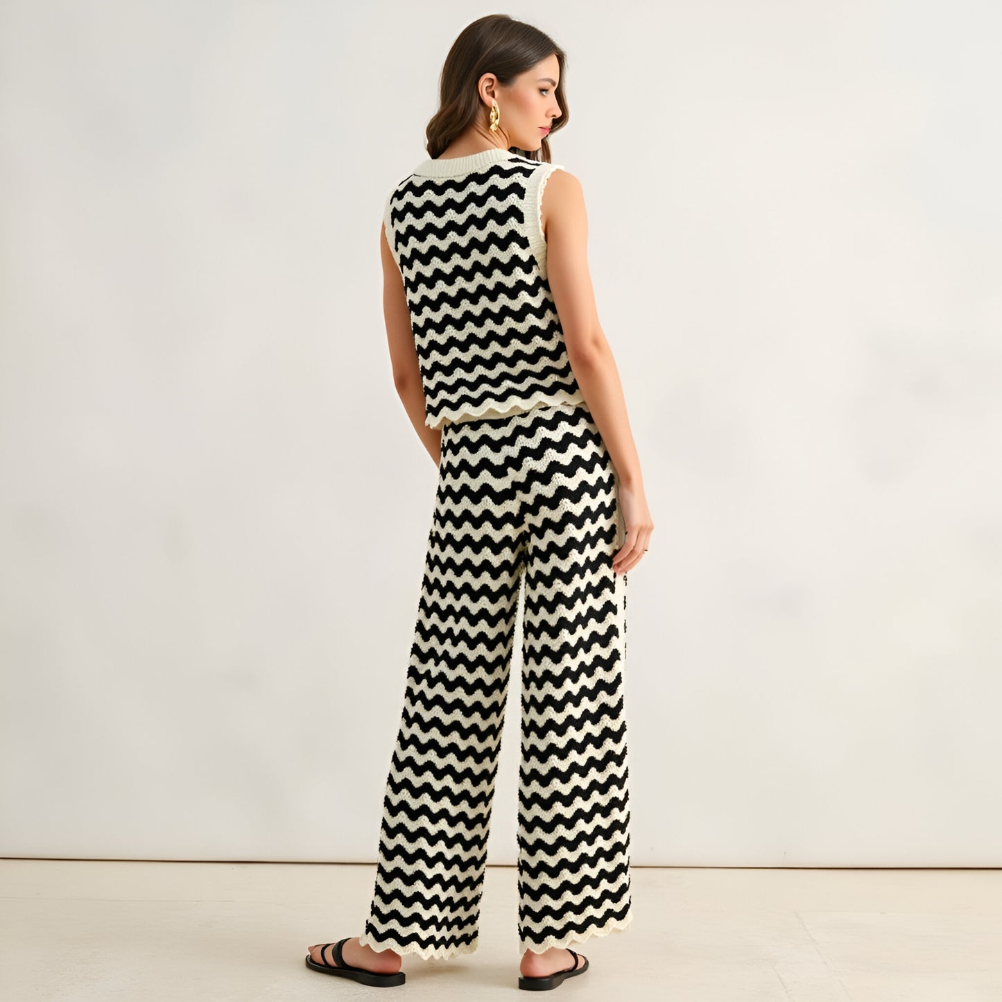 Chevron Crochet Wide Leg Pants with Contrast Trim and High Waist