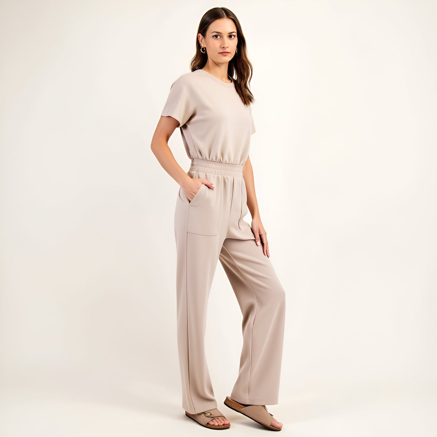 Short Sleeve Relaxed Jumpsuit with Elastic Waistband and Patch Pockets