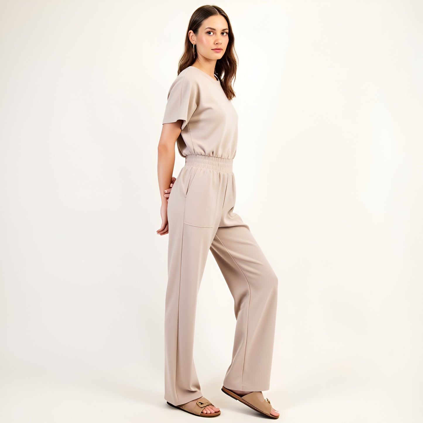 Short Sleeve Relaxed Jumpsuit with Elastic Waistband and Patch Pockets