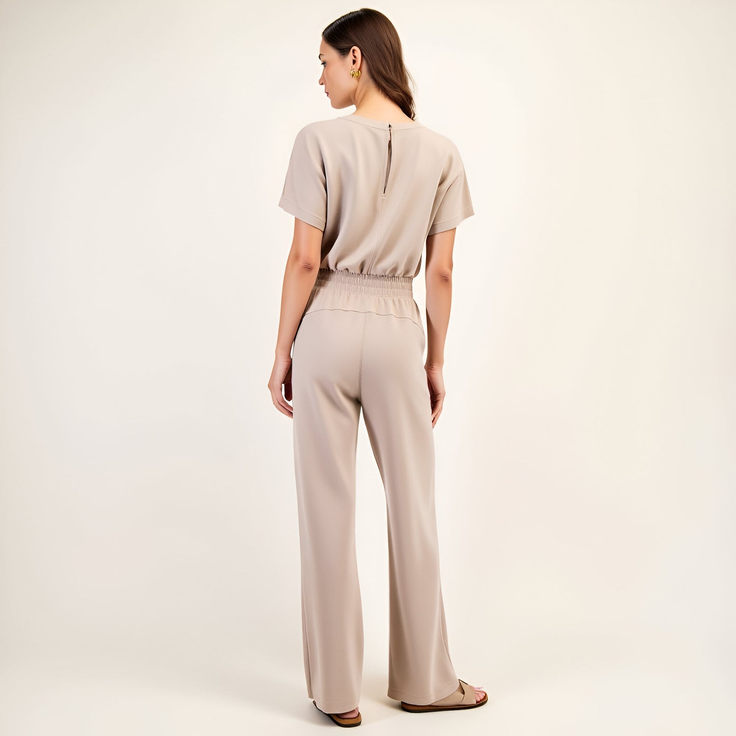Short Sleeve Relaxed Jumpsuit with Elastic Waistband and Patch Pockets