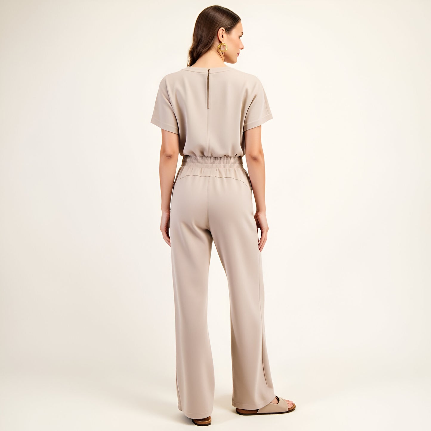 Short Sleeve Relaxed Jumpsuit with Elastic Waistband and Patch Pockets