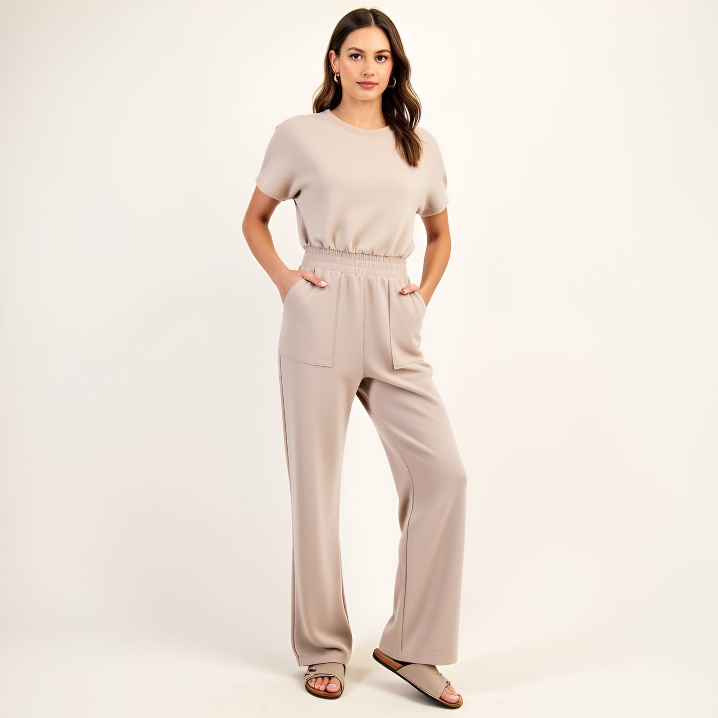 Short Sleeve Relaxed Jumpsuit with Elastic Waistband and Patch Pockets