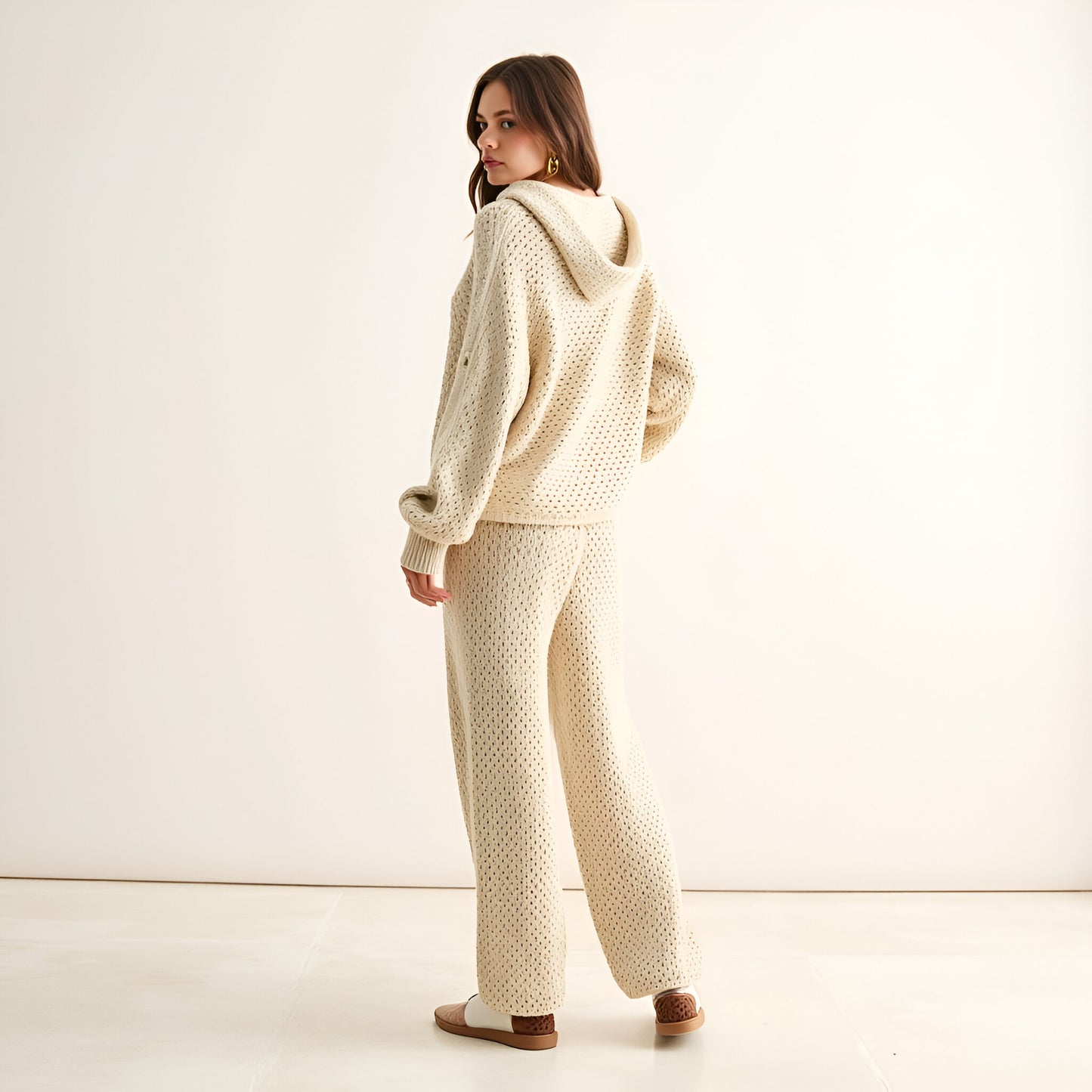 Crochet Knit Wide Leg Lounge Pants with Elastic Waist and Relaxed Silhouette