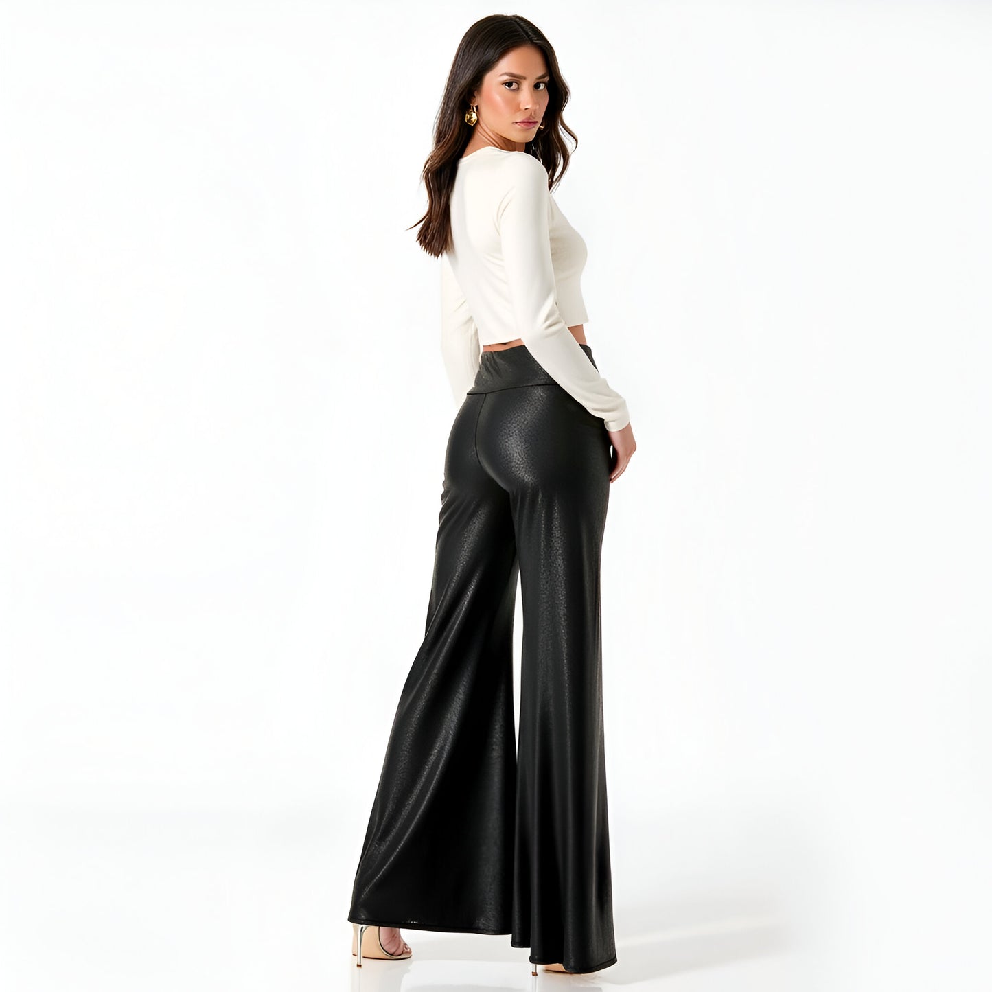 High Waist Wide-Leg Pants with Flared Silhouette and Smooth Finish