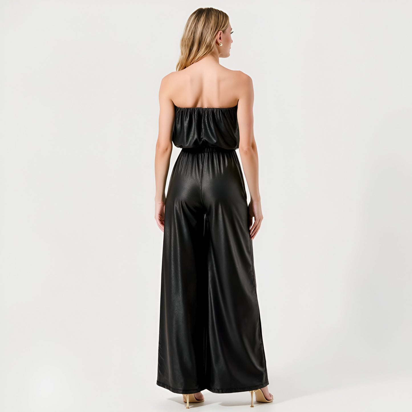Strapless Satin Jumpsuit with Belted Waist and Wide-Leg Silhouette
