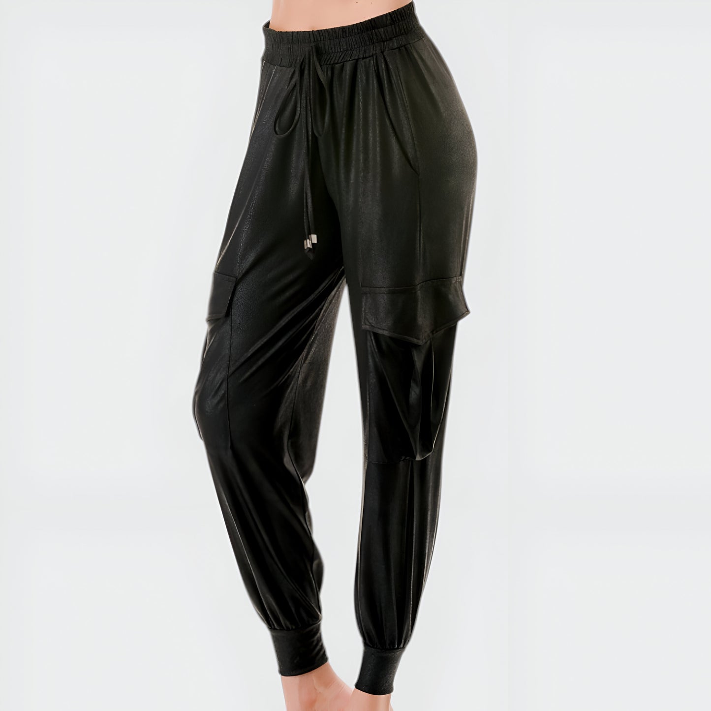 Faux Leather Jogger Pants with Cargo Pockets and Drawstring Waist