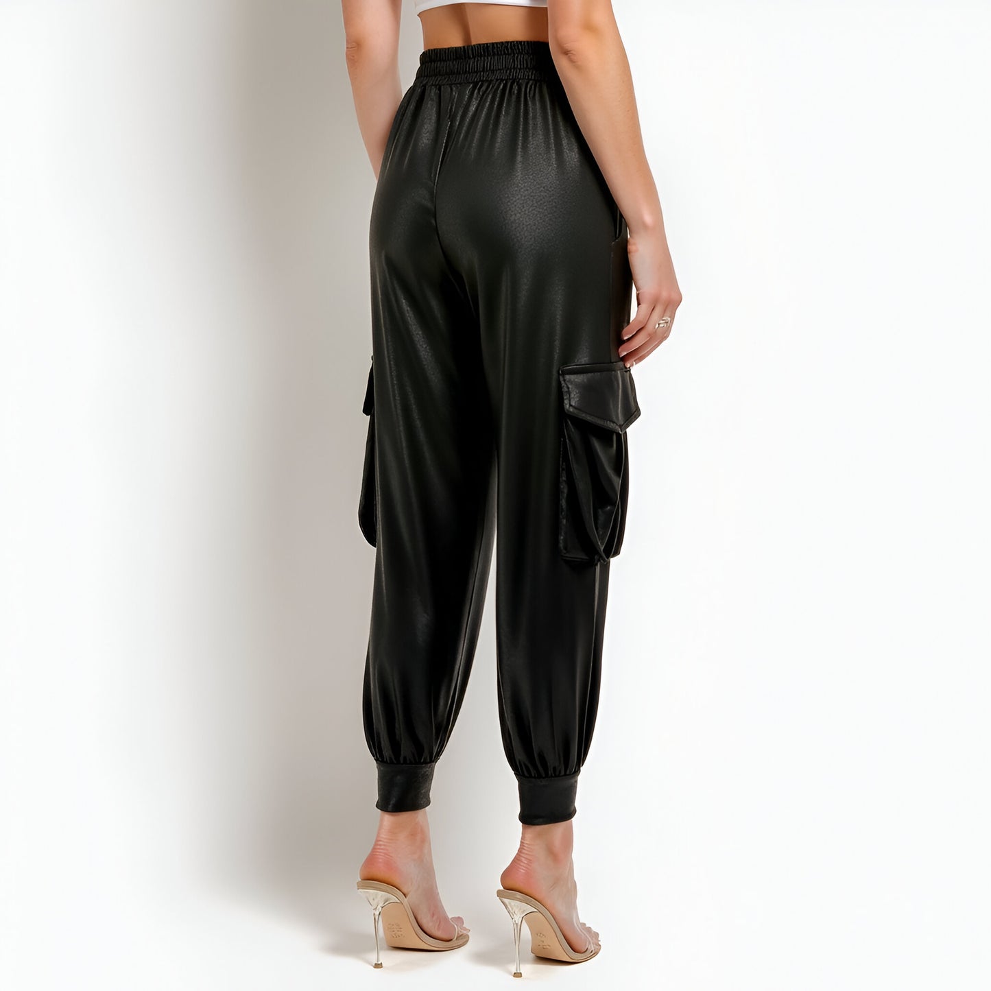 Faux Leather Jogger Pants with Cargo Pockets and Drawstring Waist