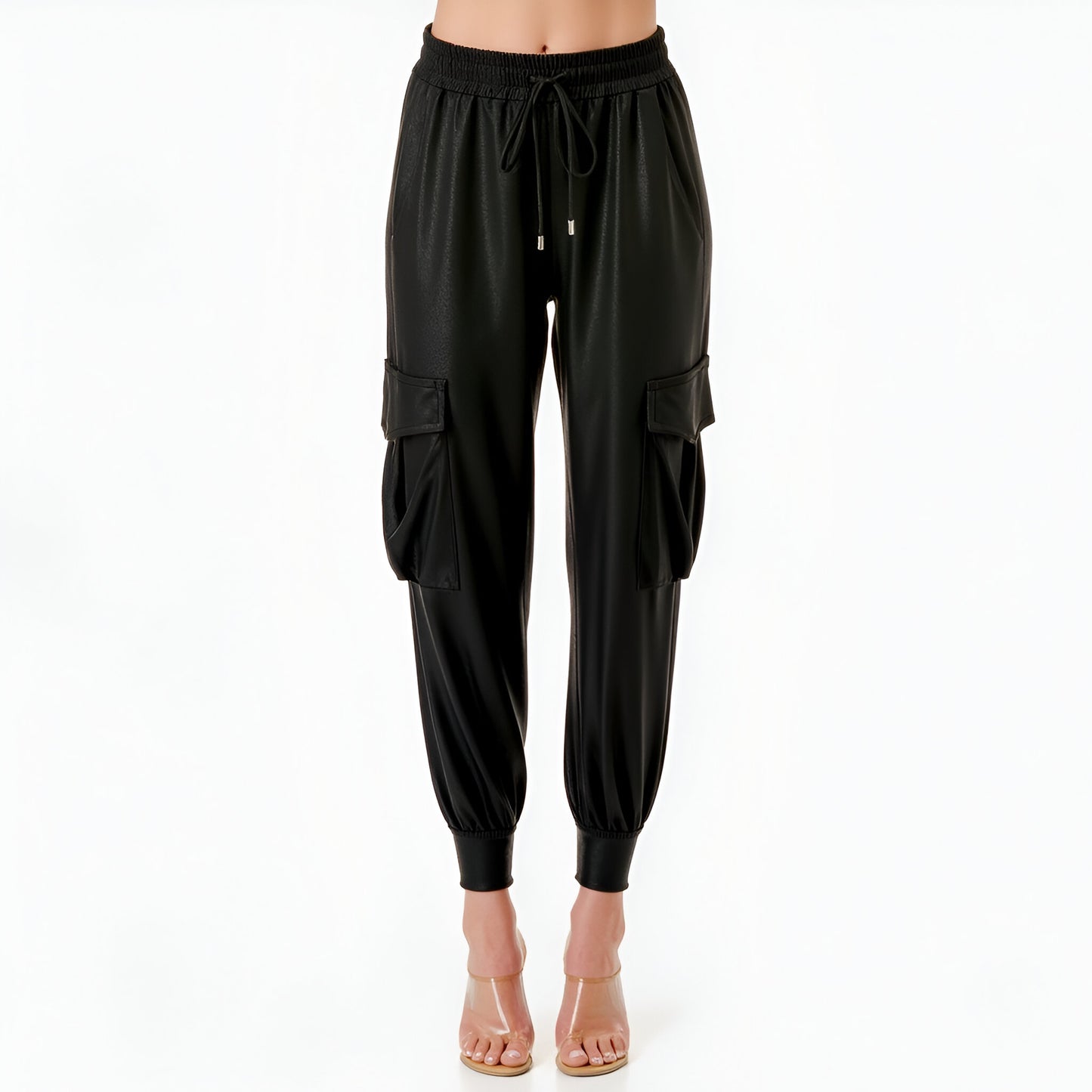 Faux Leather Jogger Pants with Cargo Pockets and Drawstring Waist