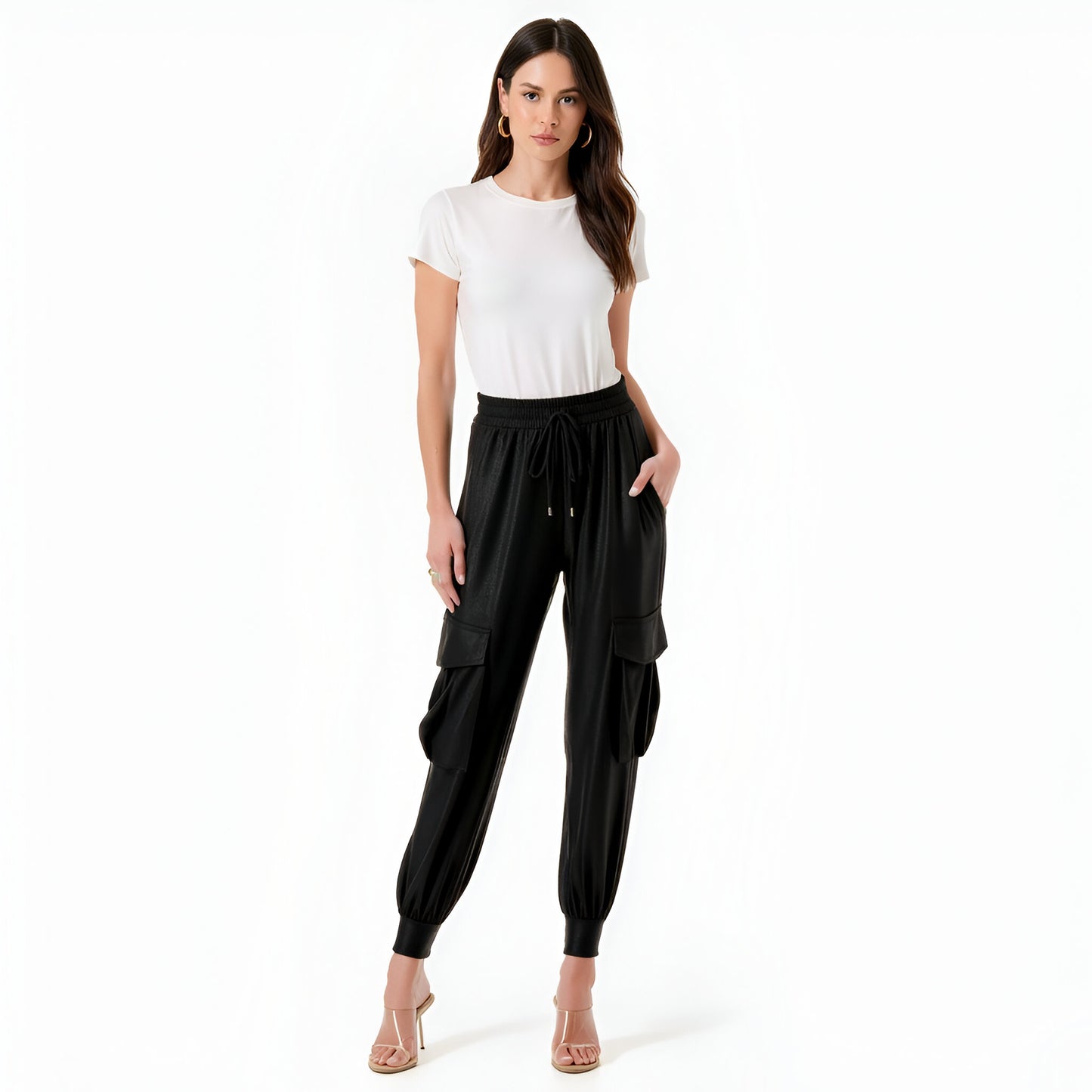 Faux Leather Jogger Pants with Cargo Pockets and Drawstring Waist