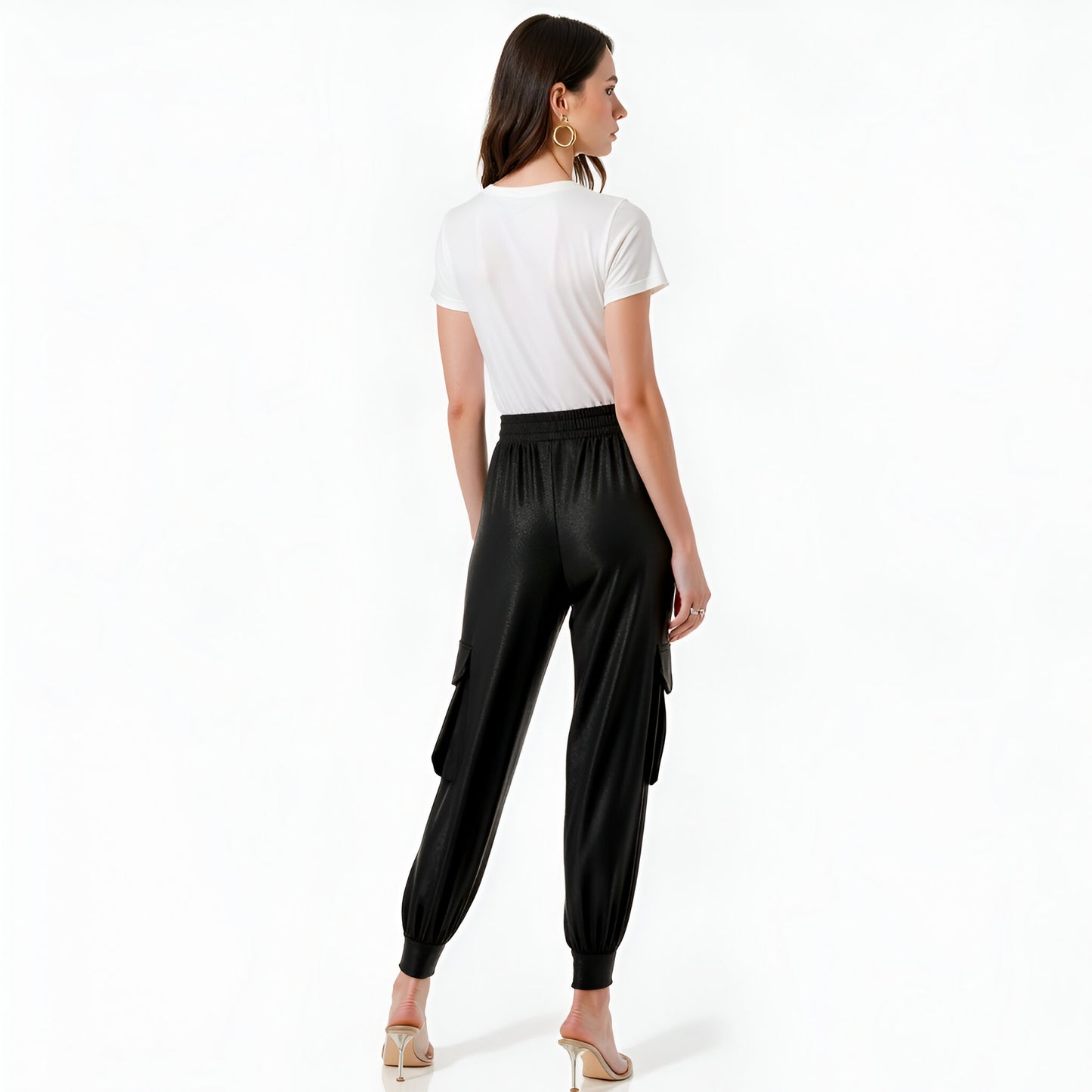 Faux Leather Jogger Pants with Cargo Pockets and Drawstring Waist