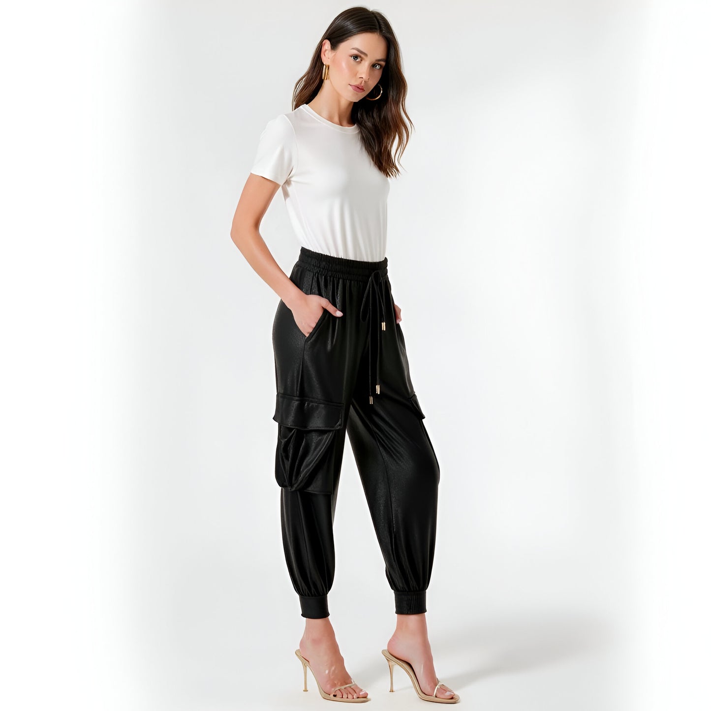 Faux Leather Jogger Pants with Cargo Pockets and Drawstring Waist
